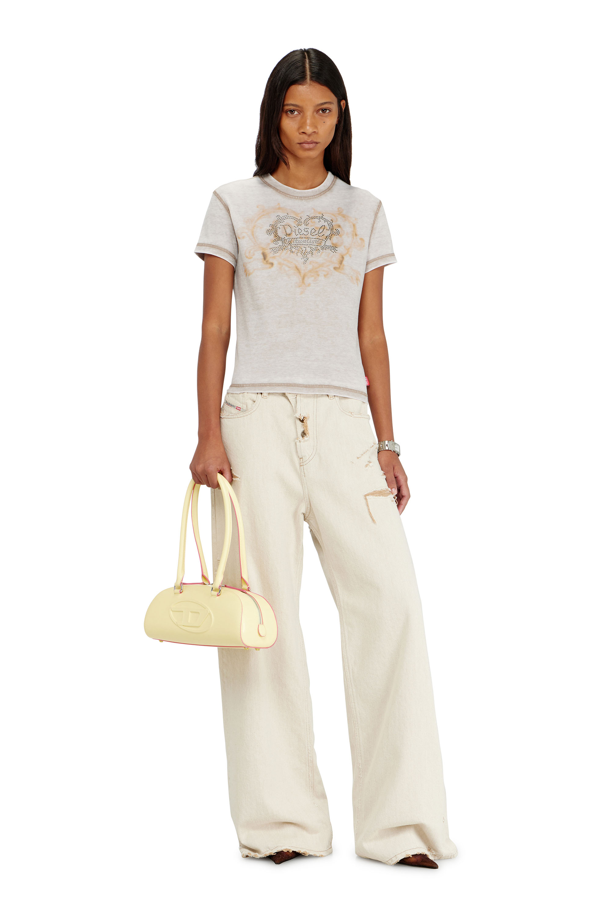 Diesel - T-ILA-AA1, Woman's Jersey t-shirt with rhinestones and burnout effect in Light Grey - 1