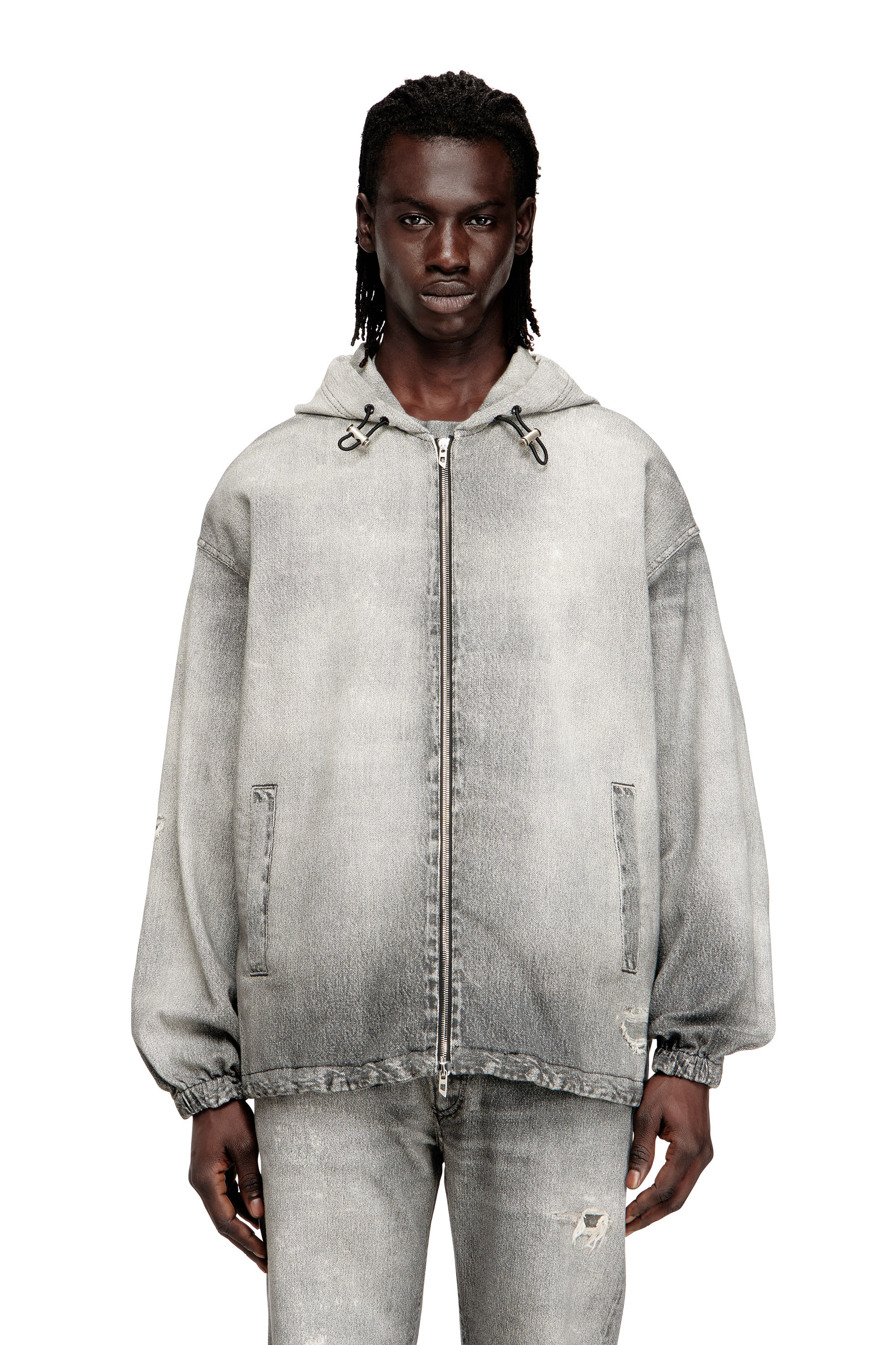 Diesel - D-WYNNY JOGG, Man's Hooded jacket in trompe l'oeil JoggJeans in Grey - 1