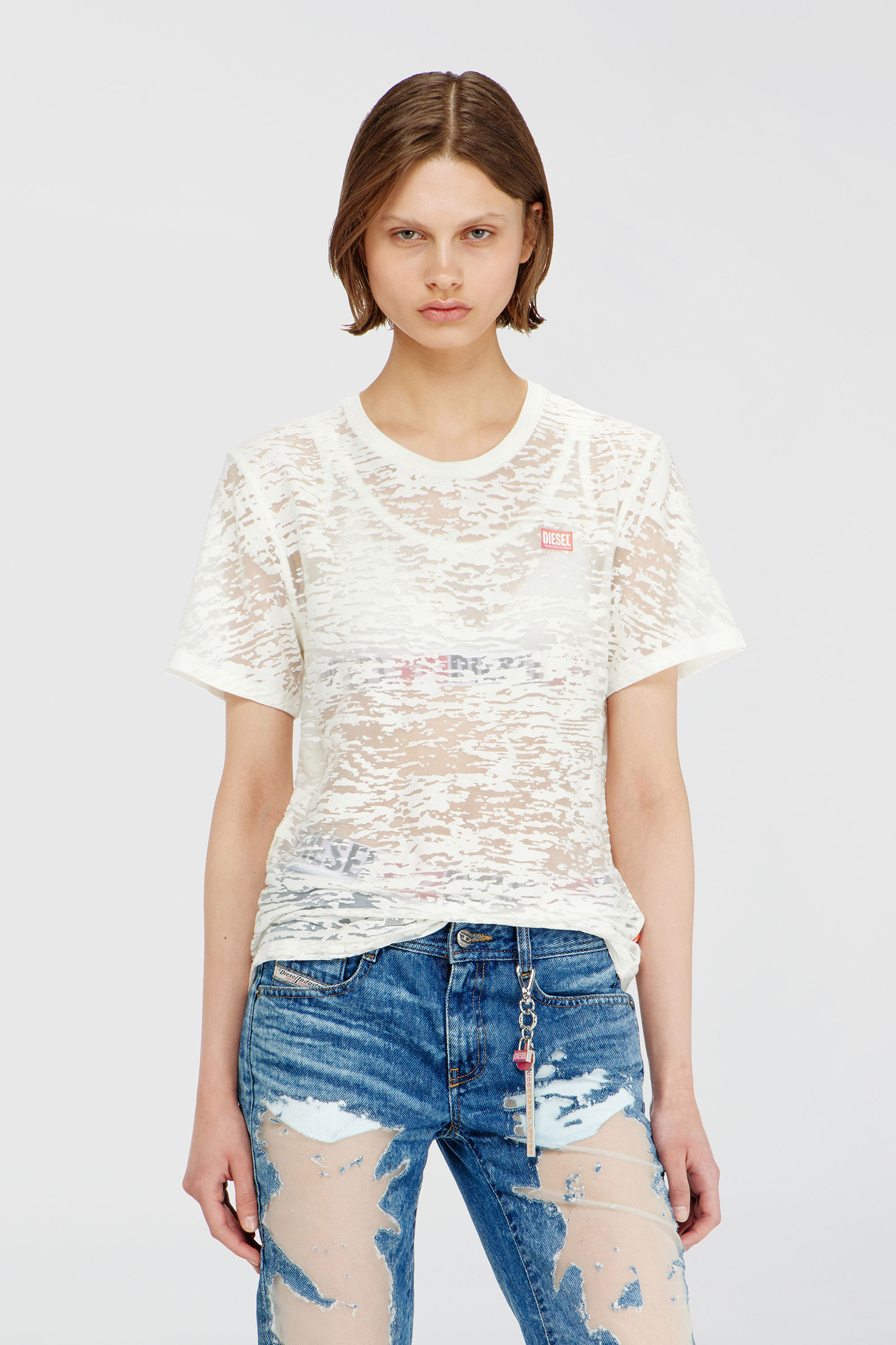 Diesel - PR-T-NOTS-MATI-R, Unisex's T-shirt in all-over devor&eacute; jersey in White - 1