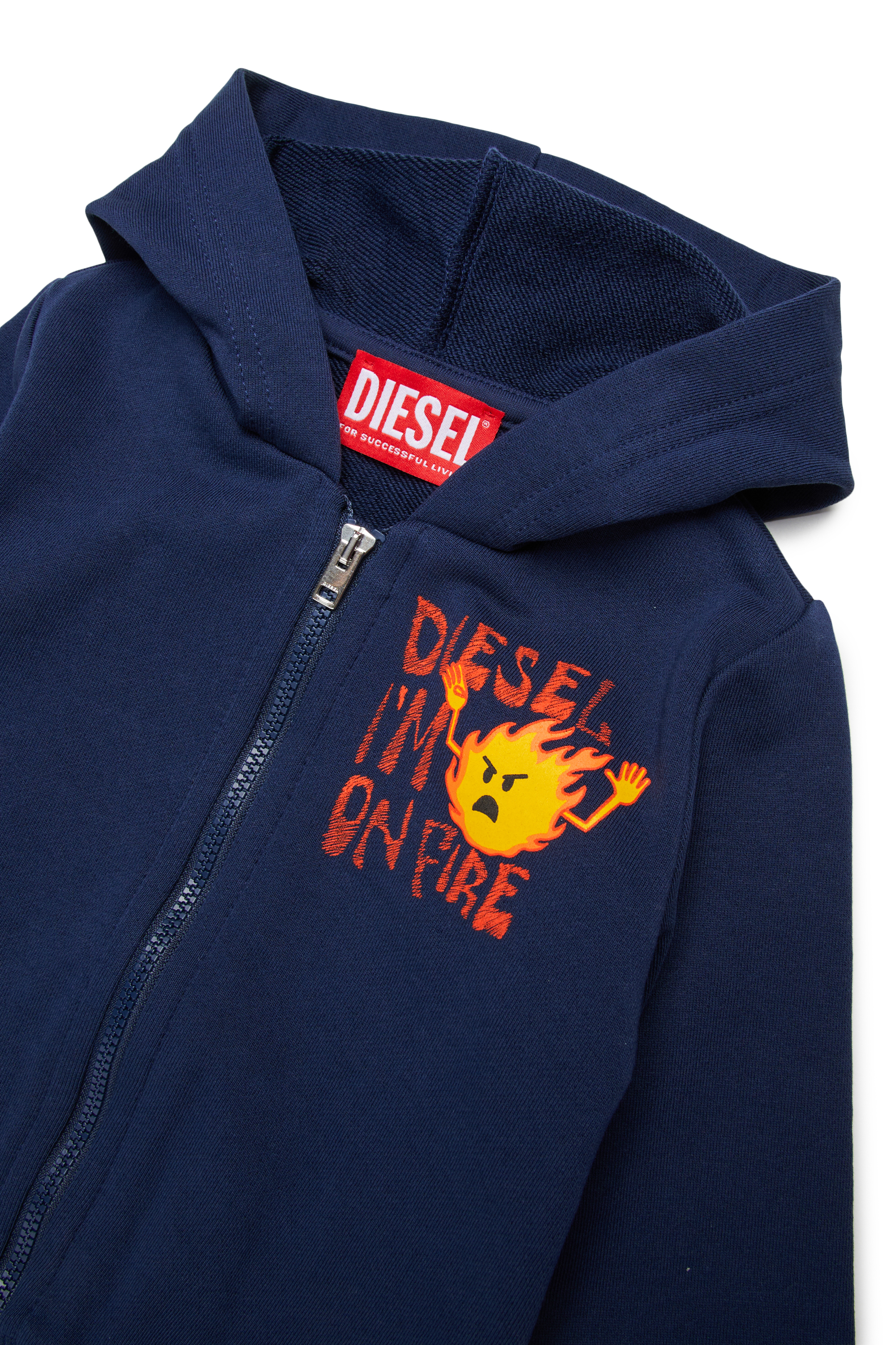 Diesel - SPILB, Man's Zipped hoodie in cotton with fire print in Blue - 3