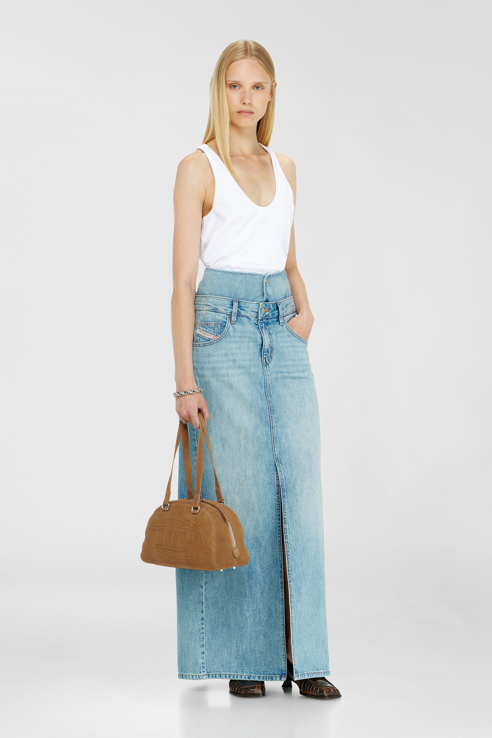 Diesel - DE-SPIVEY, Woman's Jean-illusion denim maxi skirt with slits in Light Blue - 1