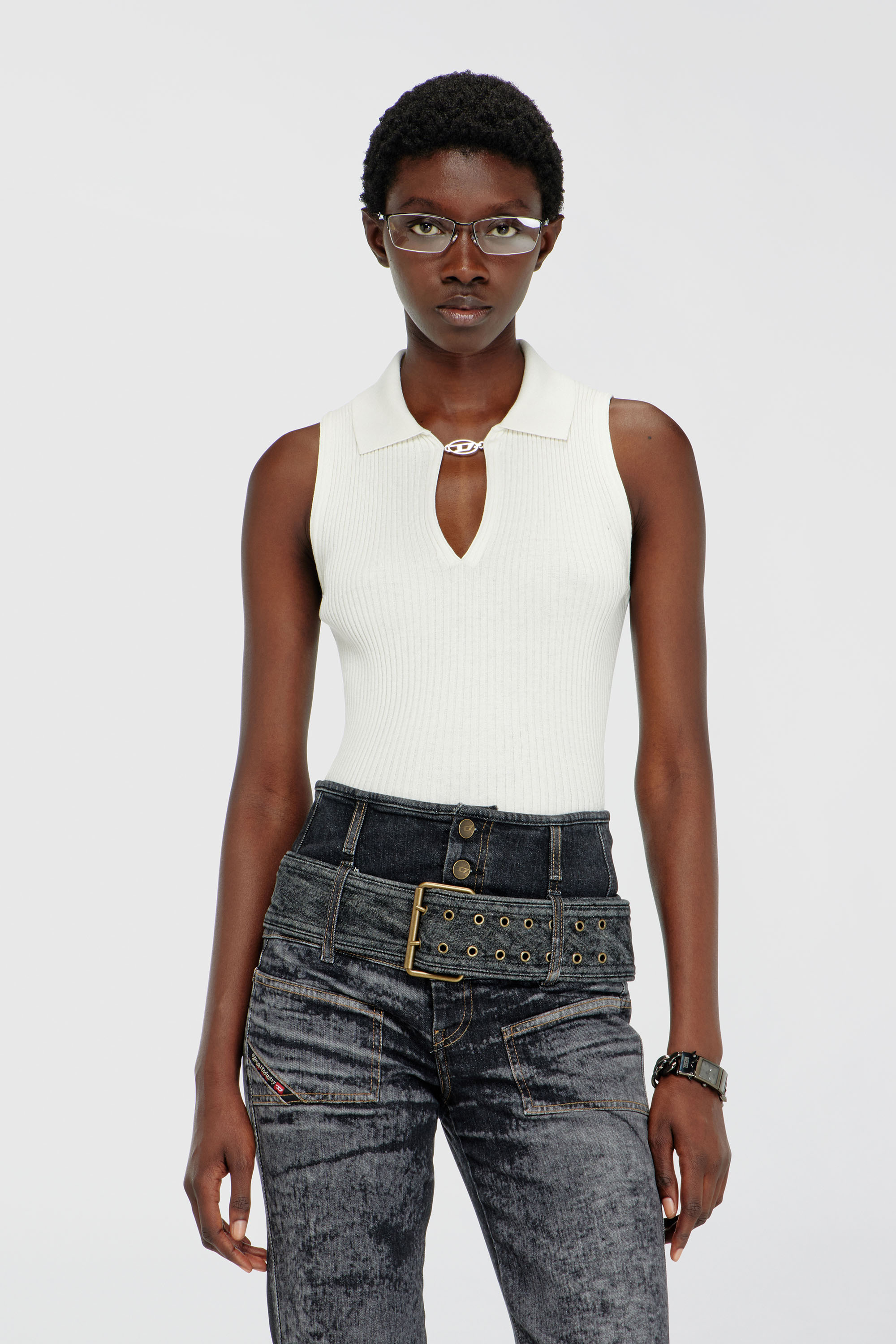 Diesel - M-LILITA, Woman's Sleeveless rib-knit polo top in silk blend in White - 1