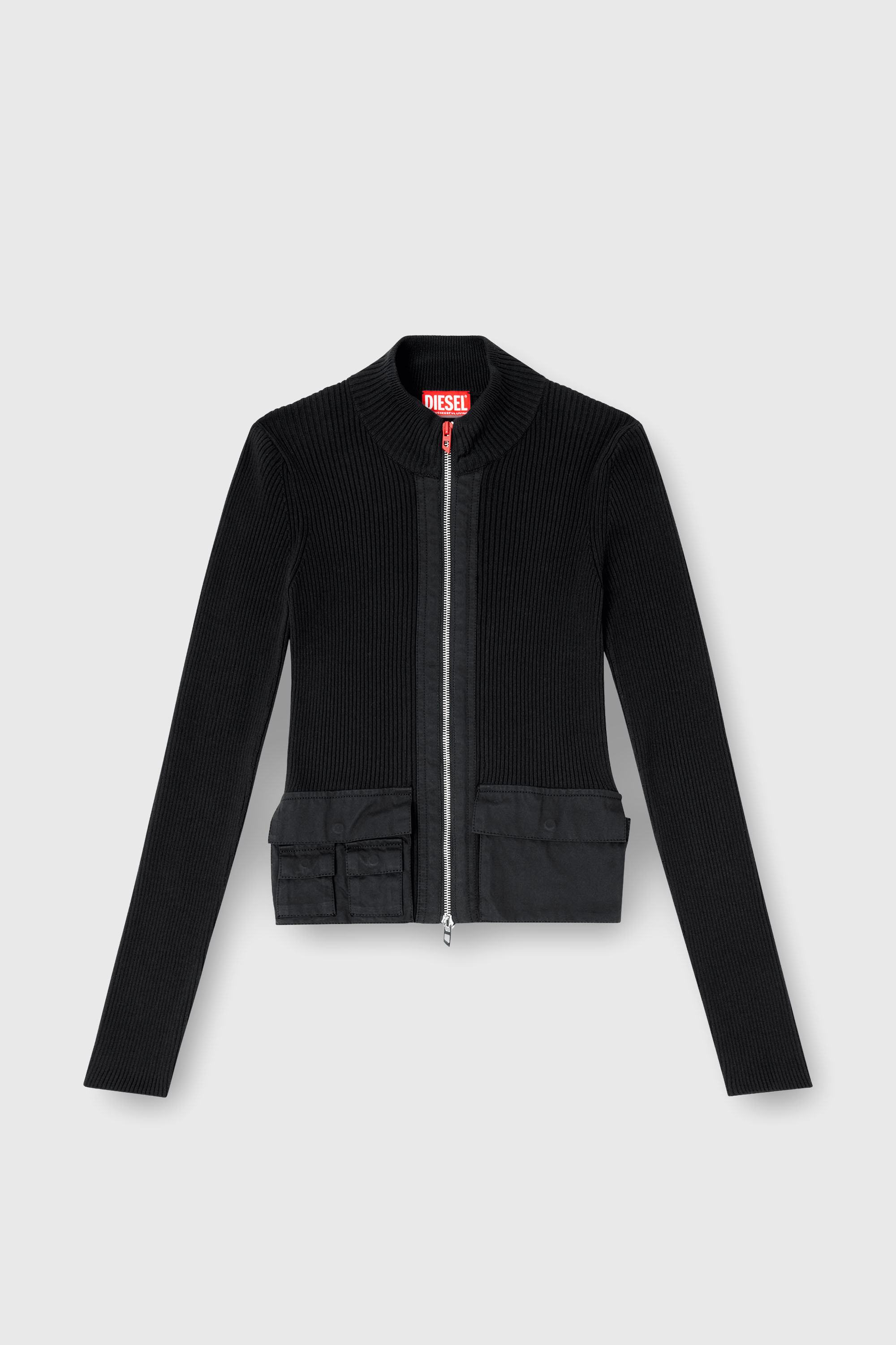 Diesel - M-MELISSA, Woman's Ribbed cardigan with cargo pockets in Black - 2