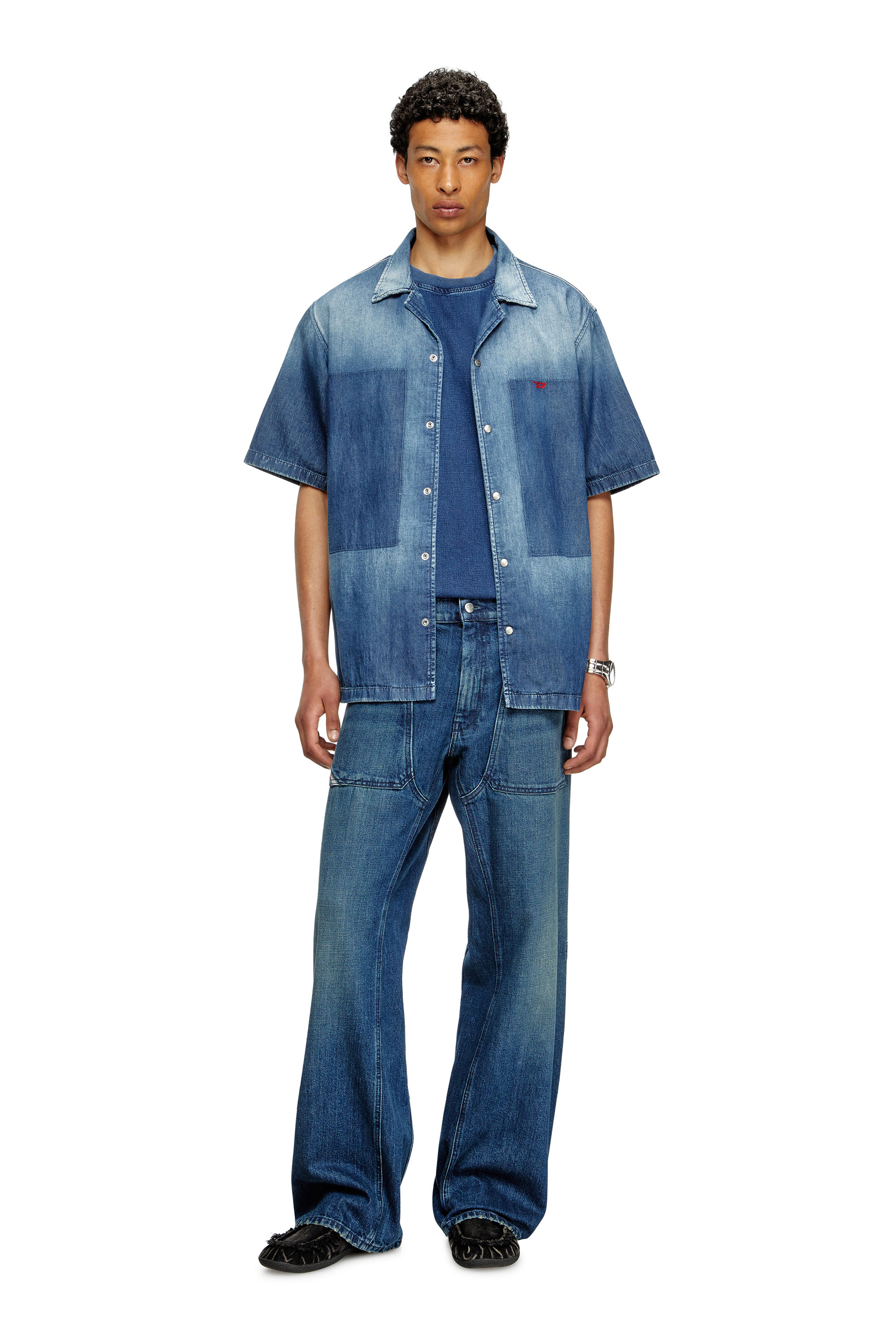 Diesel - D-NABIL-D, Man's Bowling shirt in contrast-effect denim in Medium blue - 1