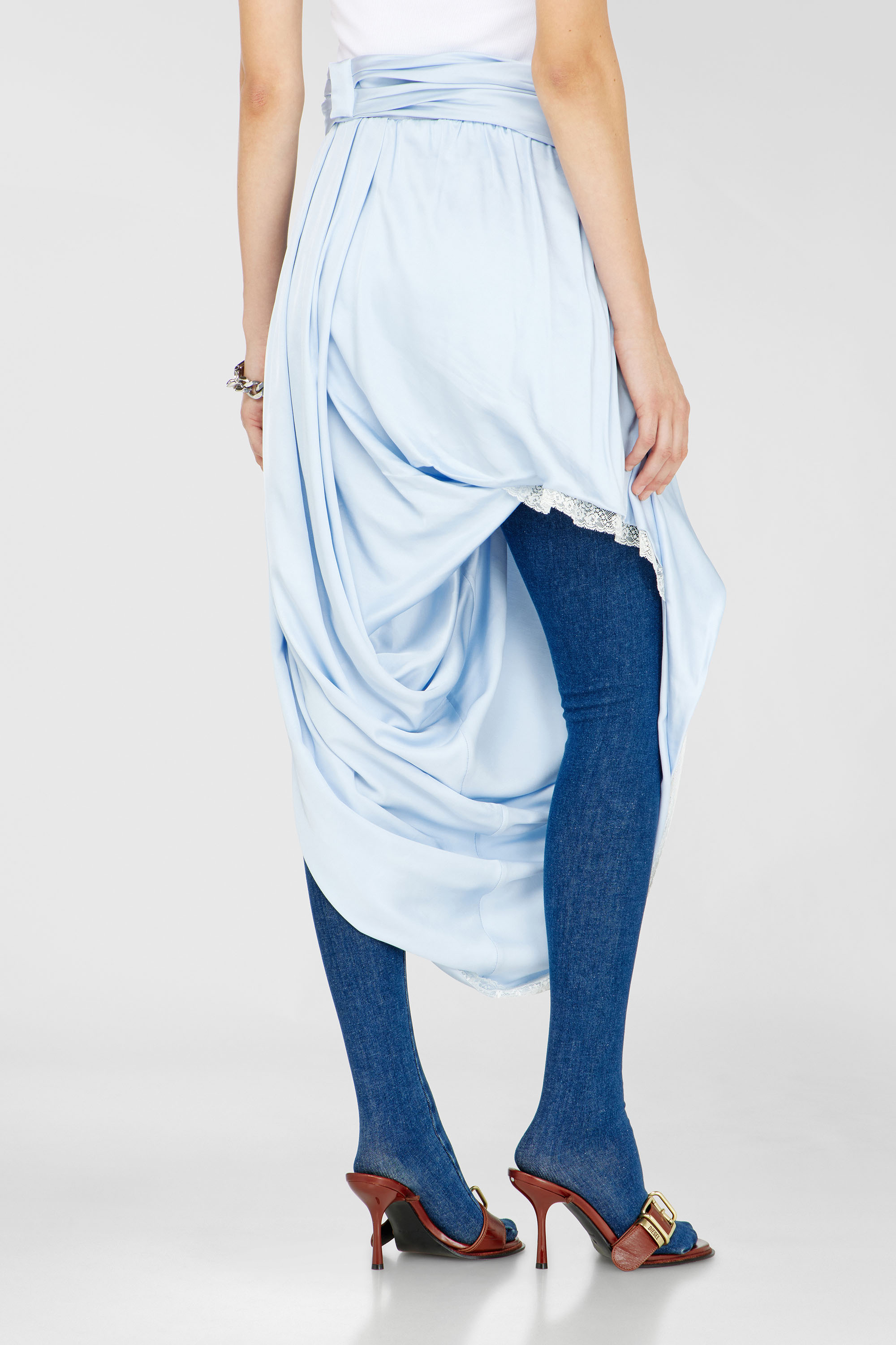 Diesel - O-WANDA, Woman's Draped satin midi skirt with lace trim in Light Blue - 4