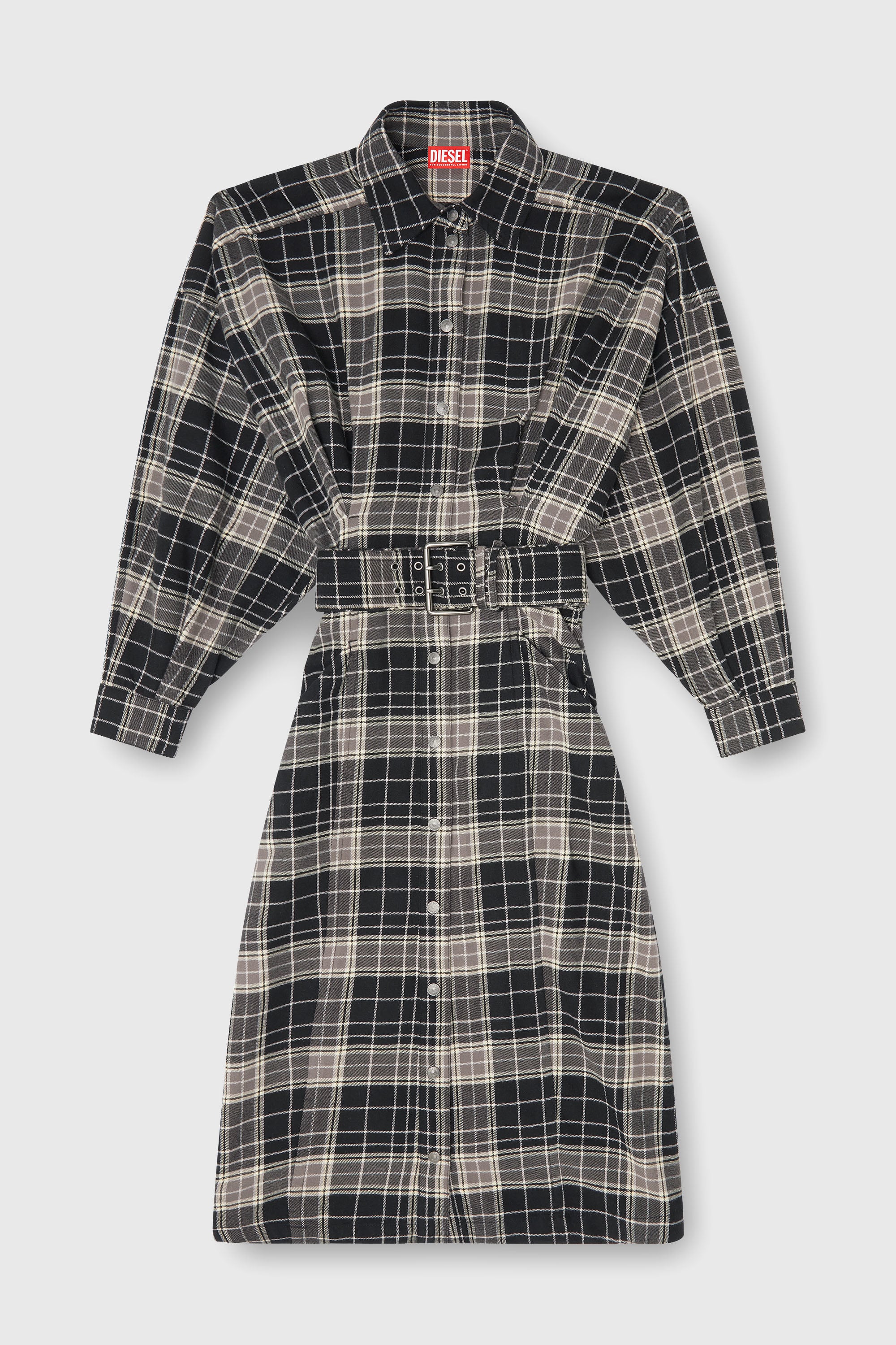 Diesel - D-EDALUS, Woman's Midi dress in check flannel with wide belt in Grey/Black - 2
