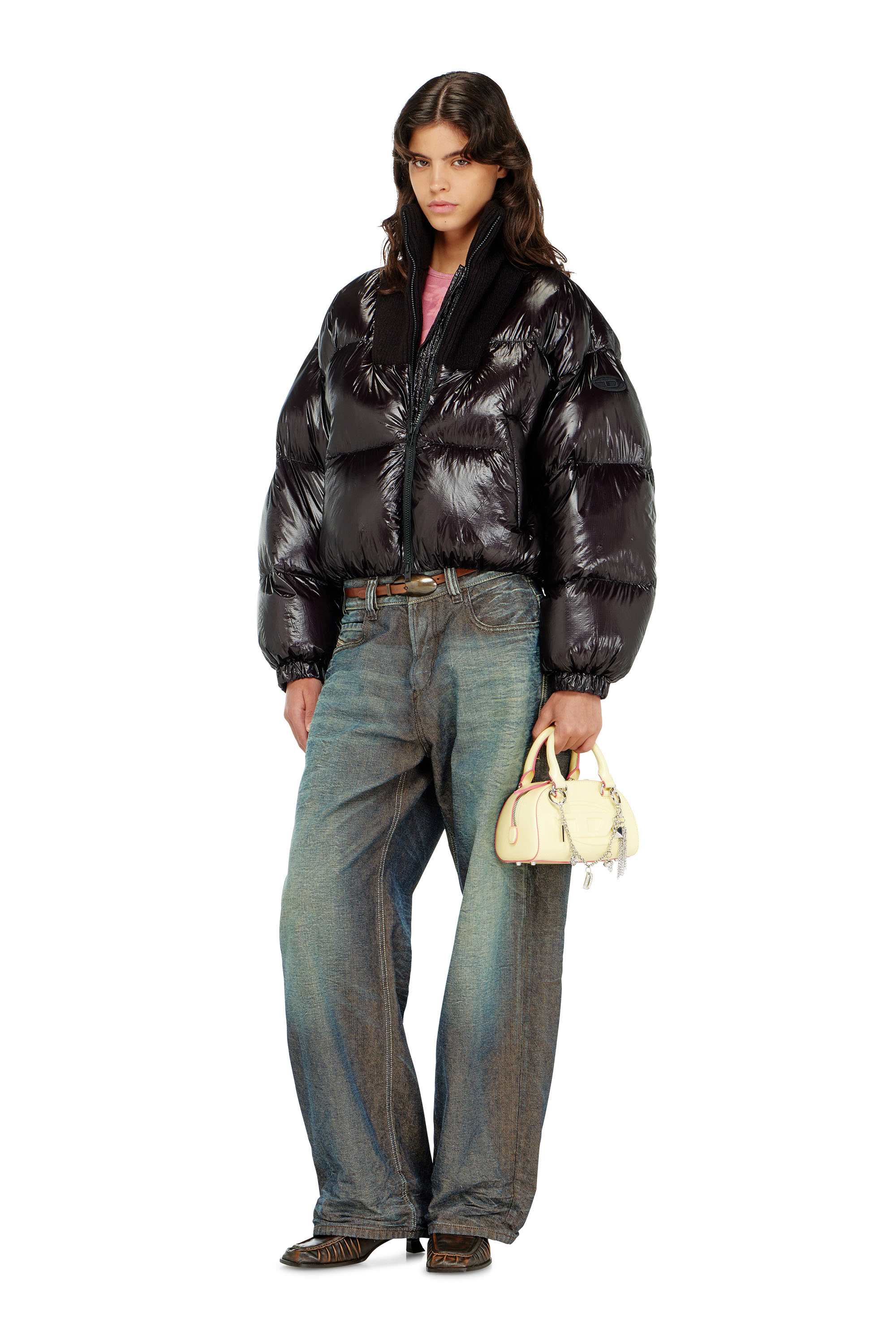 Diesel - W-ARRIOR, Woman's Down puffer jacket in ripstop with knitted collar in Black - 1