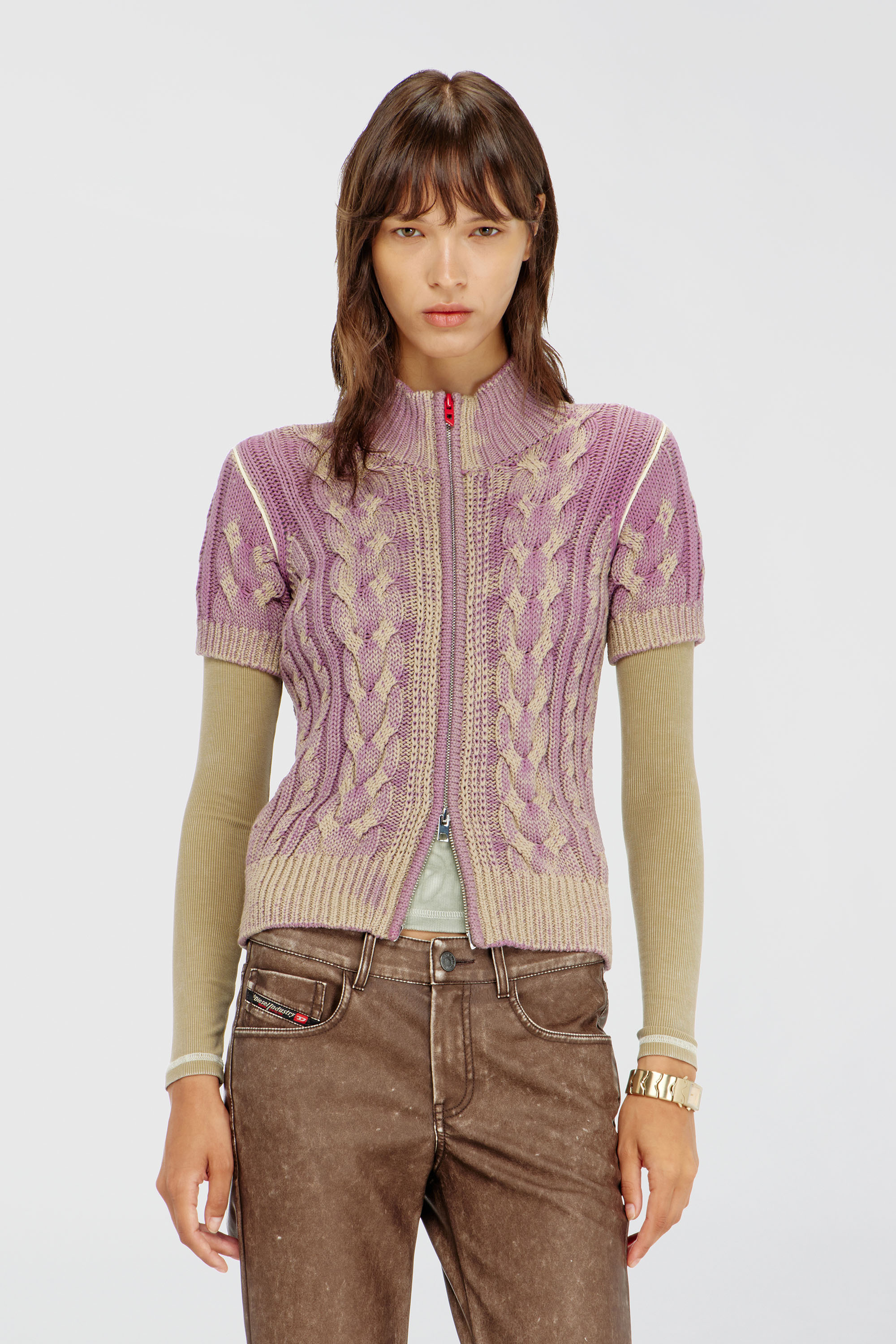 Diesel - M-ELANA, Woman's Short-sleeve zip cardigan in cable knit in Beige/Violet - 1