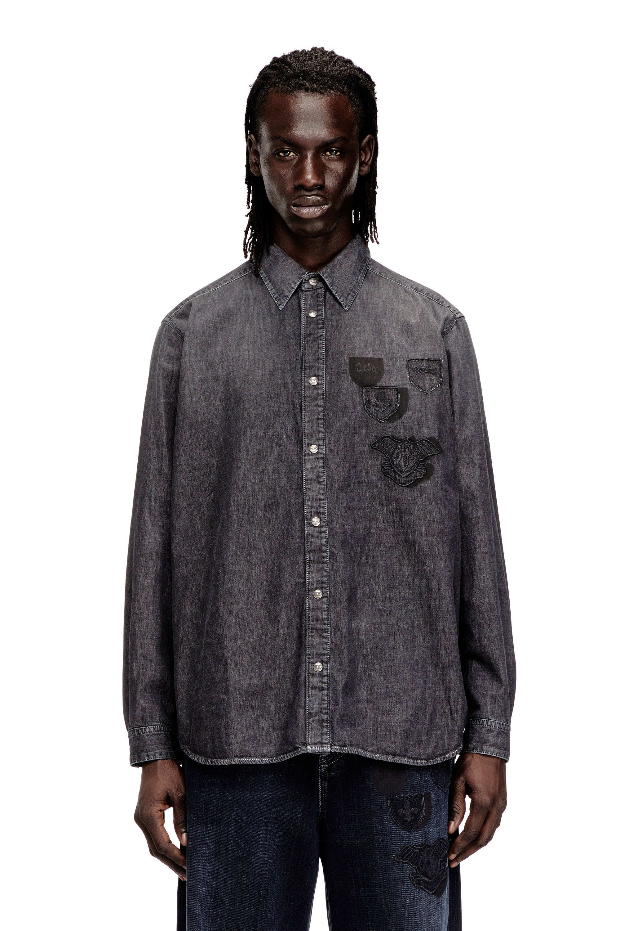 Diesel - D-SIMPLY-S15, Man's Denim shirt with back embroidery in Grey - 3