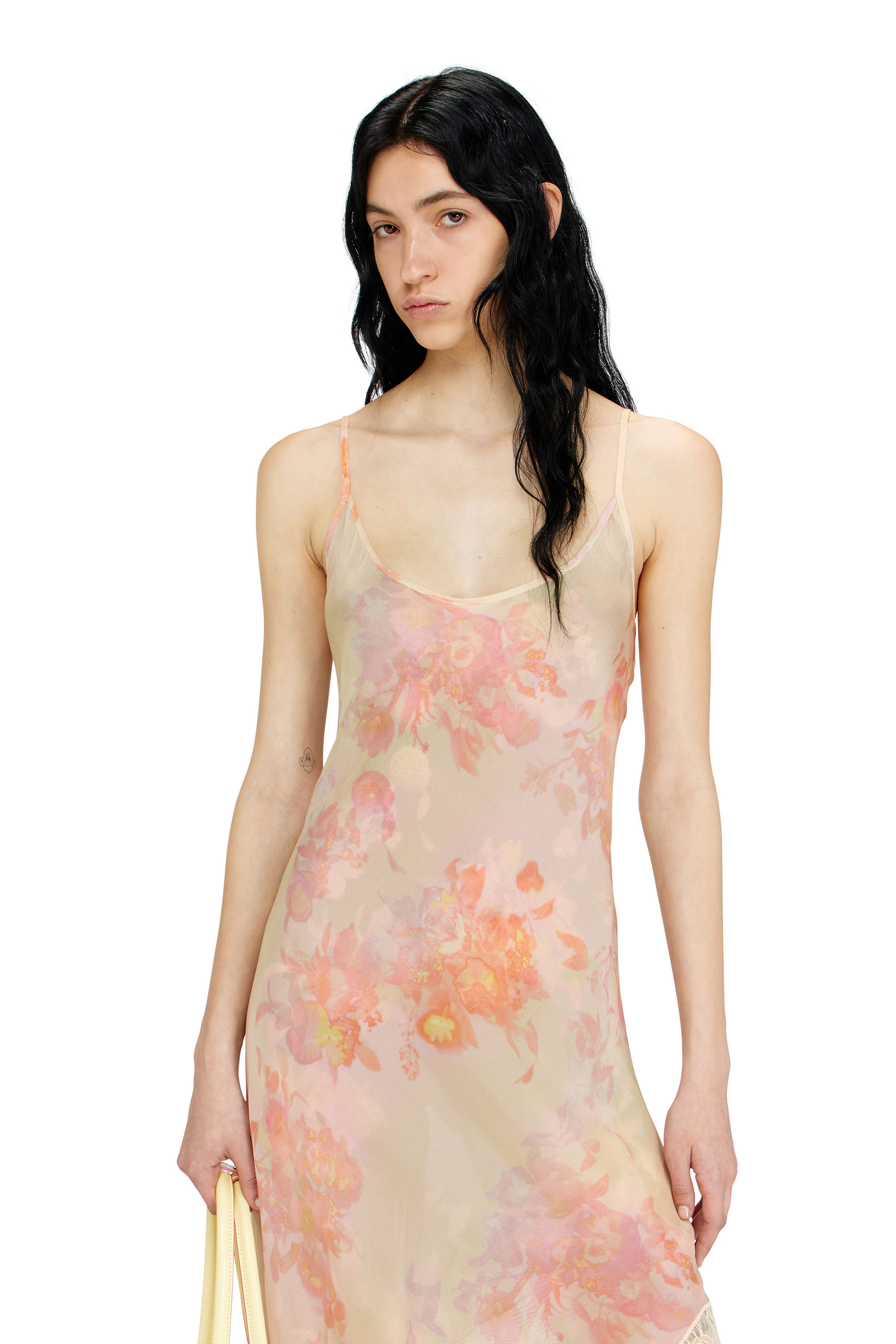 Diesel - D-ANCEL, Woman's Midi slip dress with floral print and lace trim in Pink/Yellow - 4