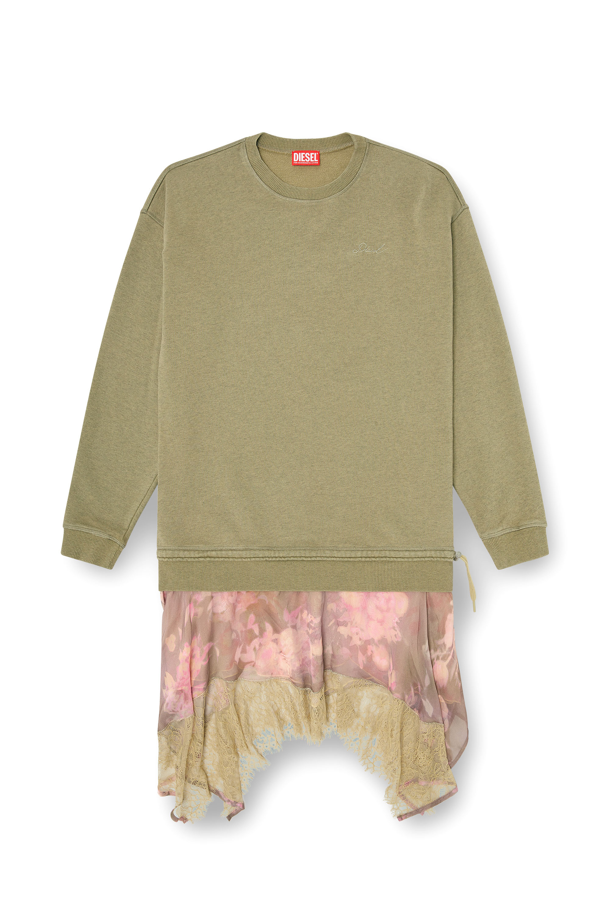Diesel - D-ORELY, Woman's Sweatshirt dress with chiffon and lace skirt in Pink/Green - 2