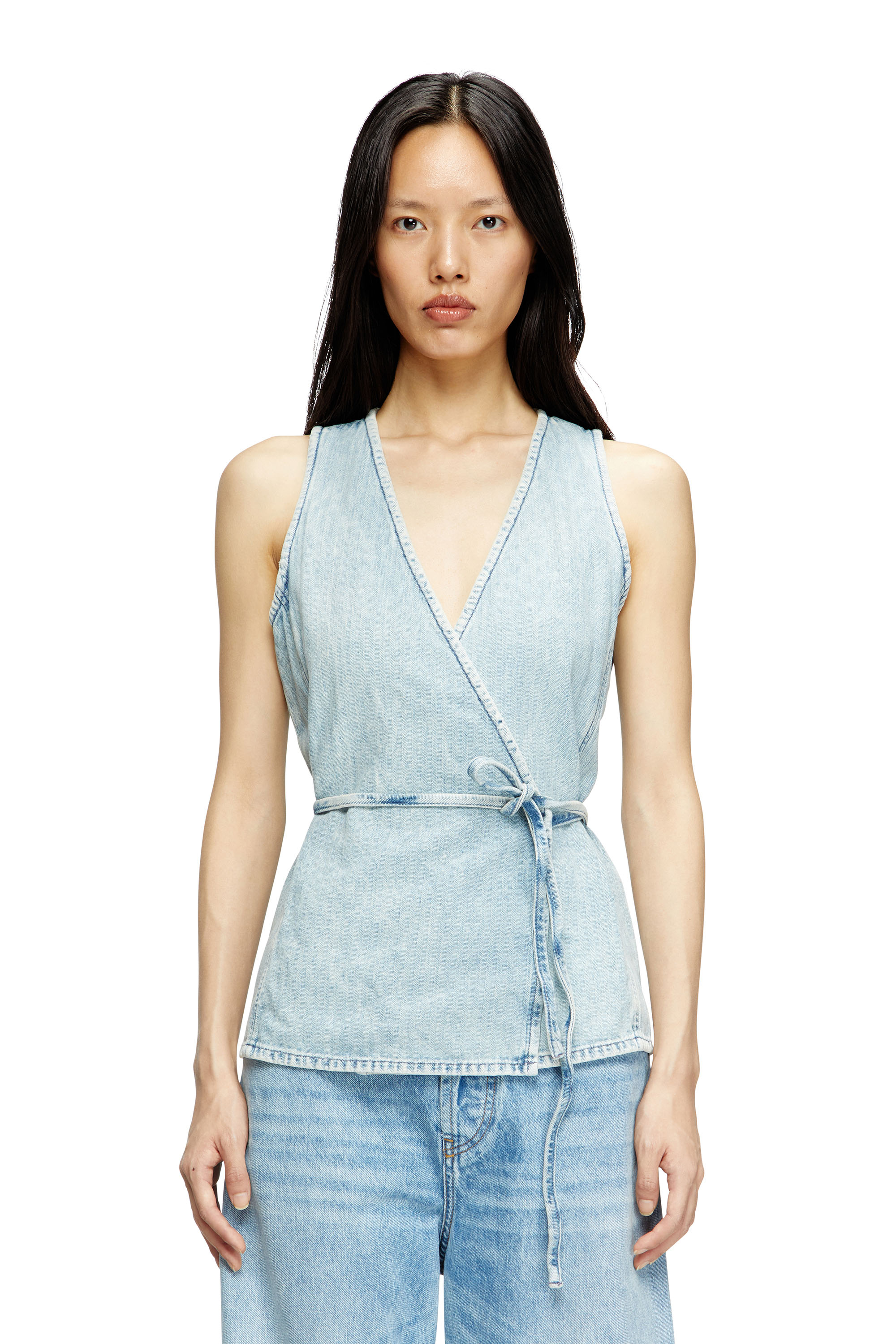 Diesel - DE-VERN, Woman's Wrap top in herringbone denim in Light Blue - 1