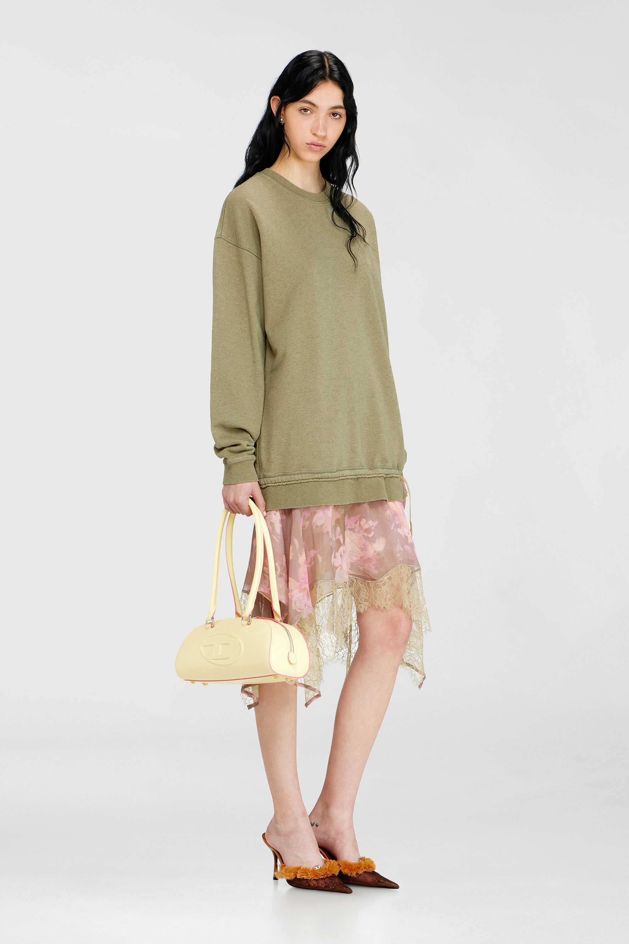 Diesel - D-ORELY, Woman's Sweatshirt dress with chiffon and lace skirt in Pink/Green - 1
