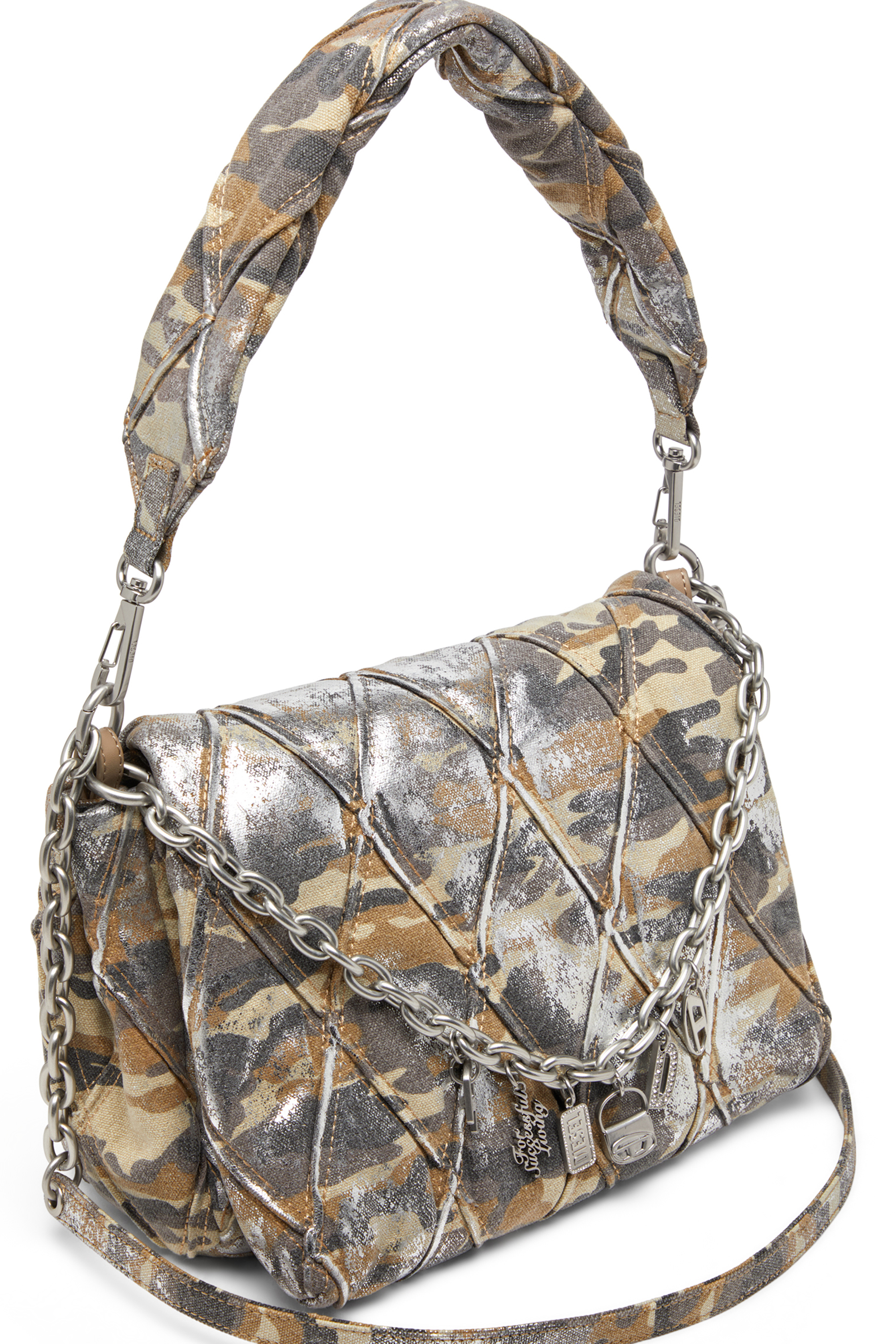 Diesel - CHARM-D SHOULDER M, Woman's Charm-D M-Shoulder bag in metallic camo canvas in Multicolor/Brown - 5