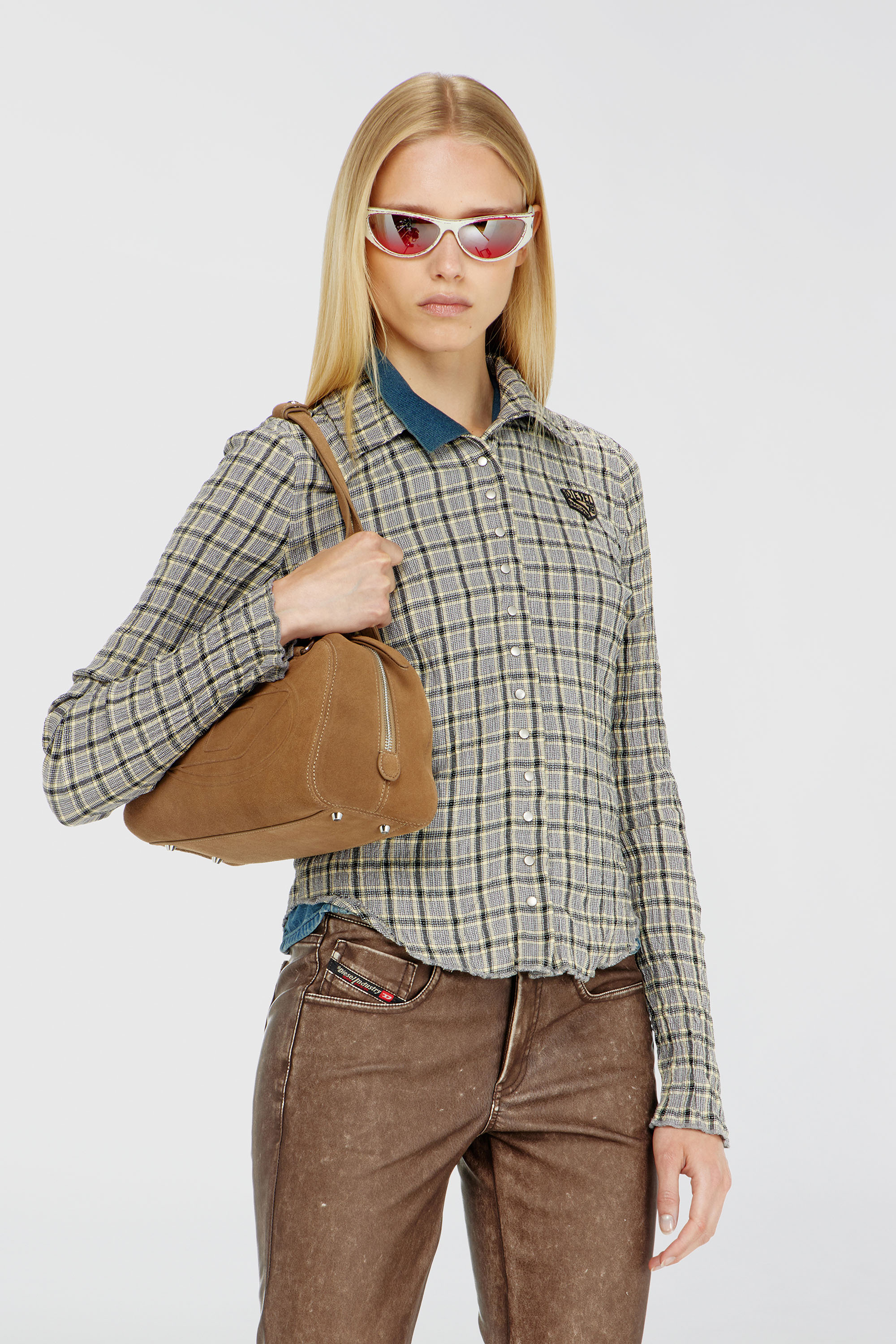 Diesel - C-ARRILON, Woman's Check shirt with seersucker effect in Grey - 1
