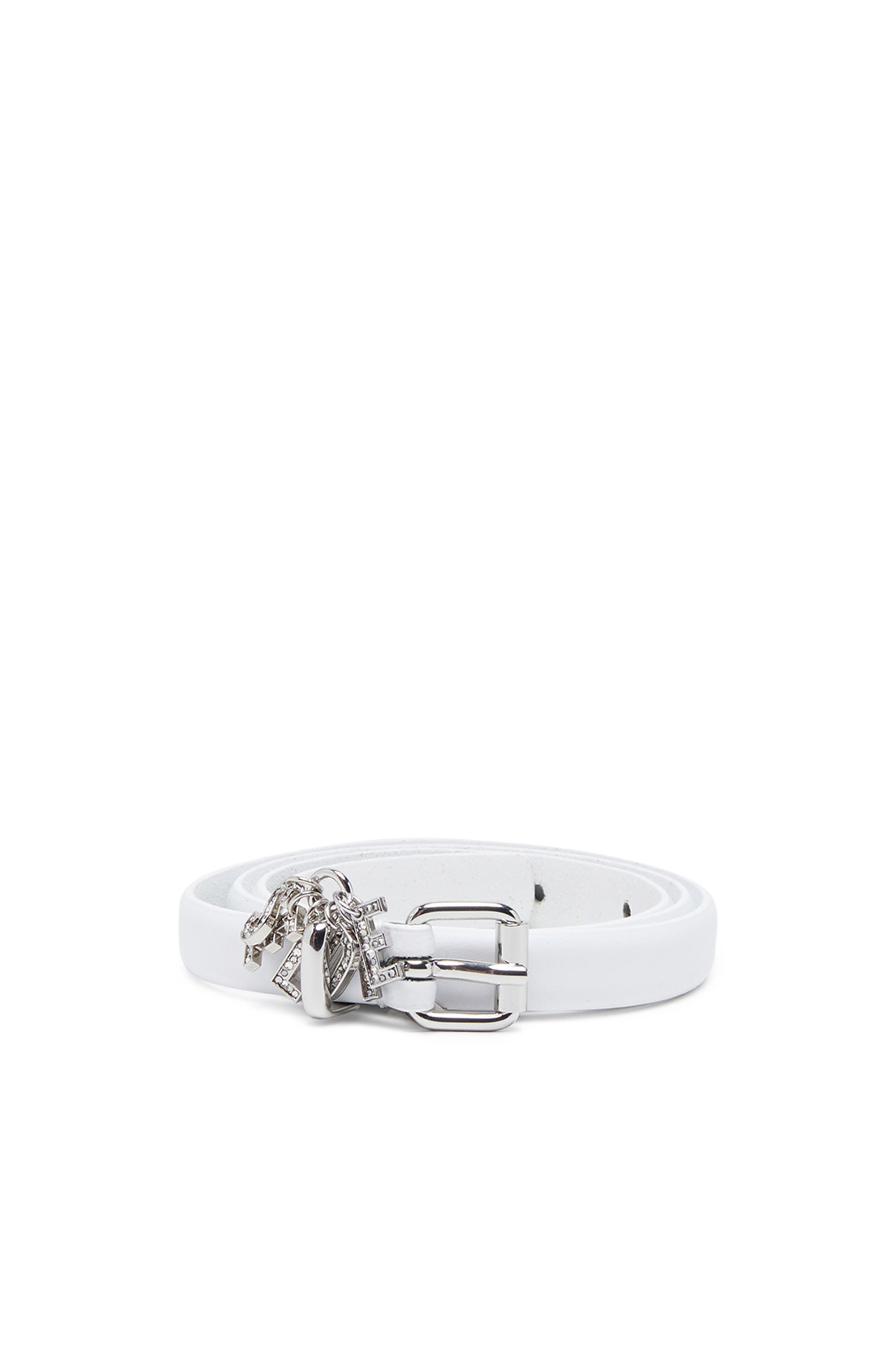 Diesel - B-CHARM-LOOP, Woman's 1.4cm leather belt with crystal logo charms in White - 1