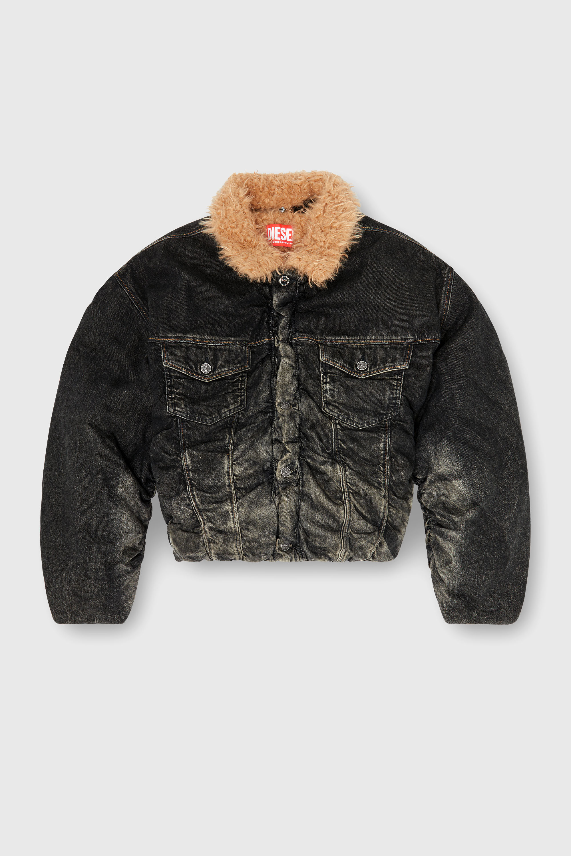Diesel - D-CURLY-FSJ, Unisex's Teddy-lined trucker jacket in dirty-effect denim in Black - 2