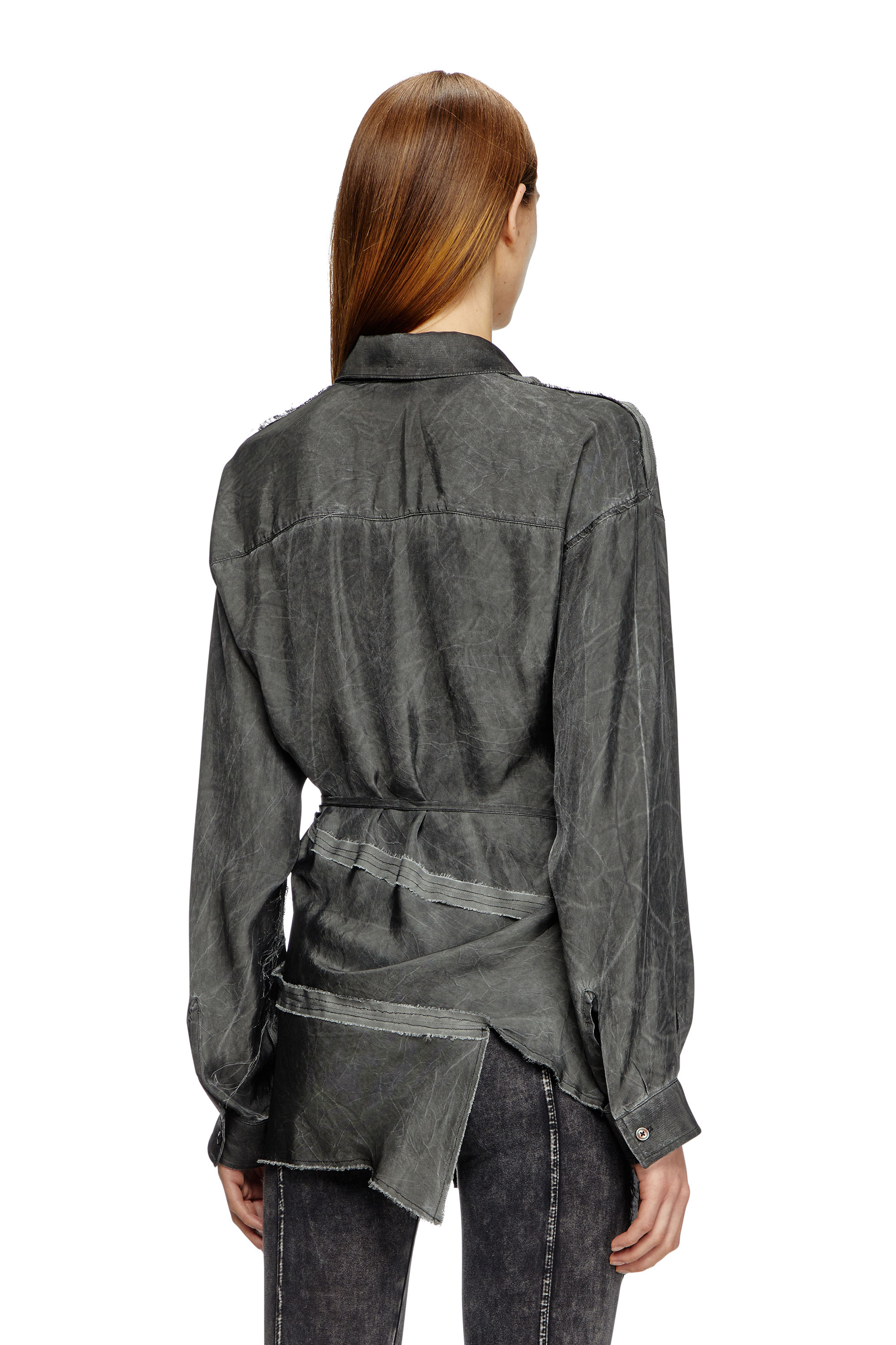 Diesel - C-RAZY-Q1, Woman's Asymmetric wrap shirt in wrinkled twill in Black - 4