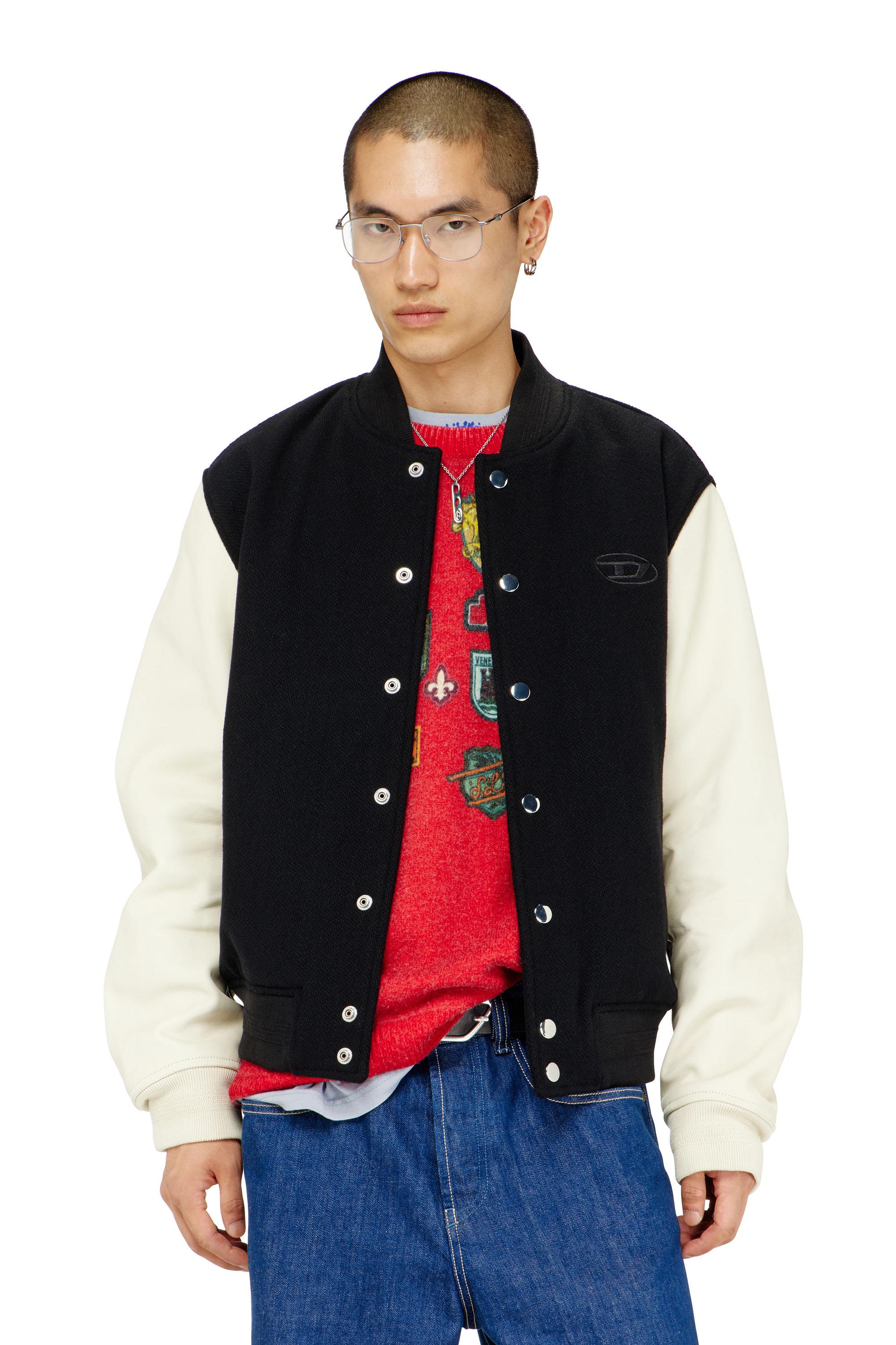 Diesel - L-ARRY-WRD, Man's Bomber jacket in wool blend and leather in Black/White - 1