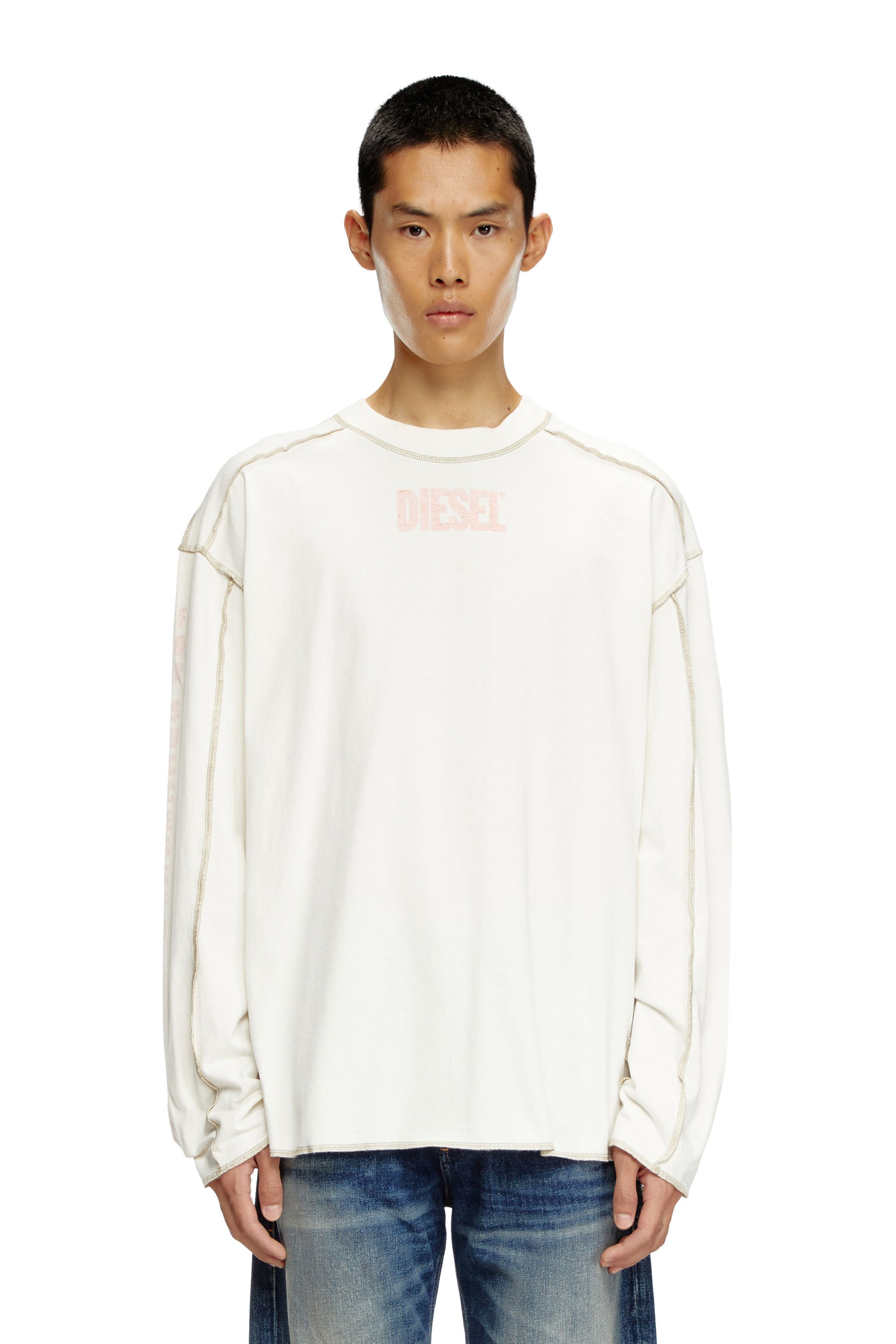 Diesel - T-CRAOR-LS, Man's Long-sleeve T-shirt with inside-out effect in White - 1