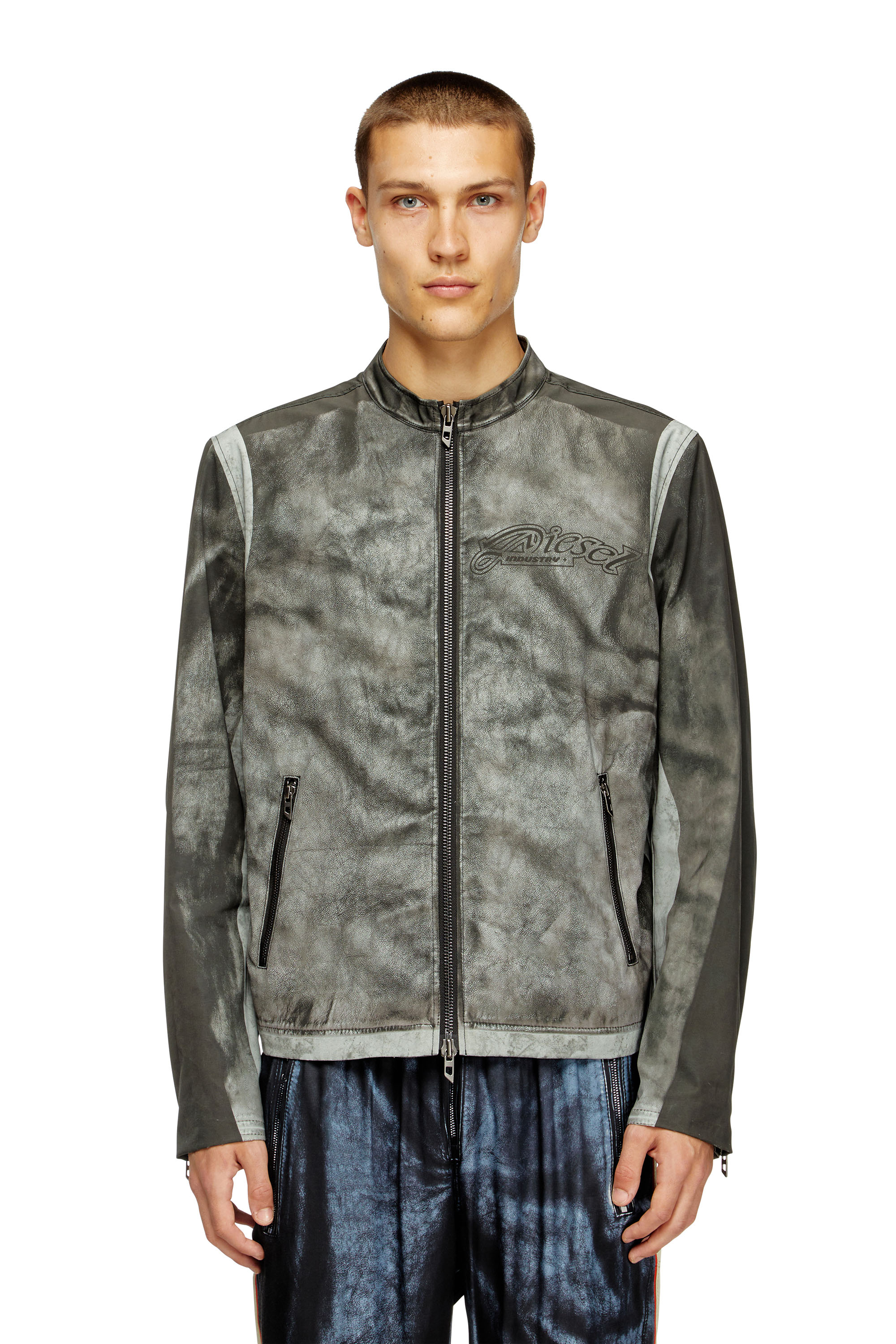 Diesel - J-EVERT, Man's Biker jacket in printed canvas in Dark grey - 3