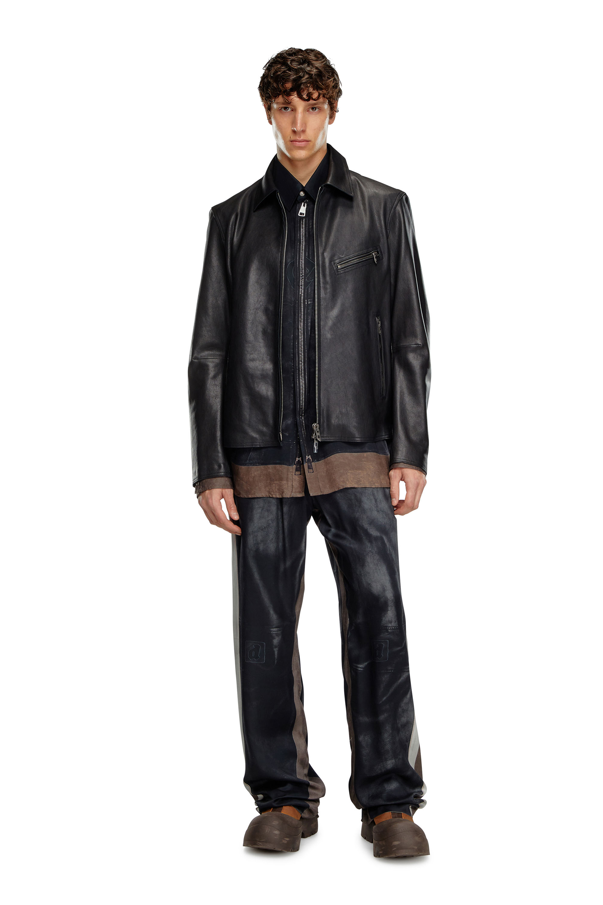 Diesel - L-KORN-A, Man's Leather jacket with embossed Oval D in Black - 2