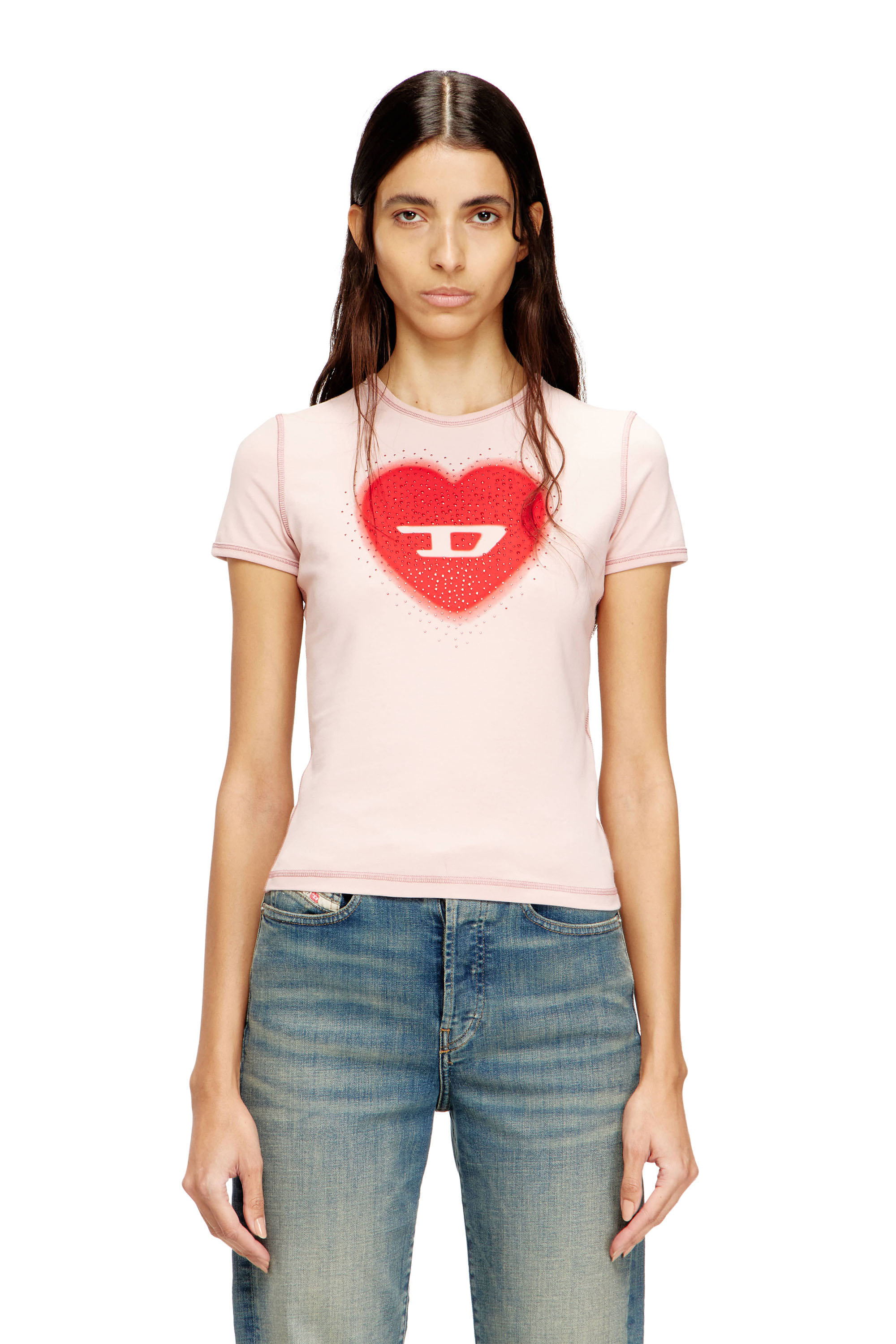 Diesel - T-UNCUTIES-LONG-S5, Woman's Slim T-shirt with heart print and studs in Pink - 1