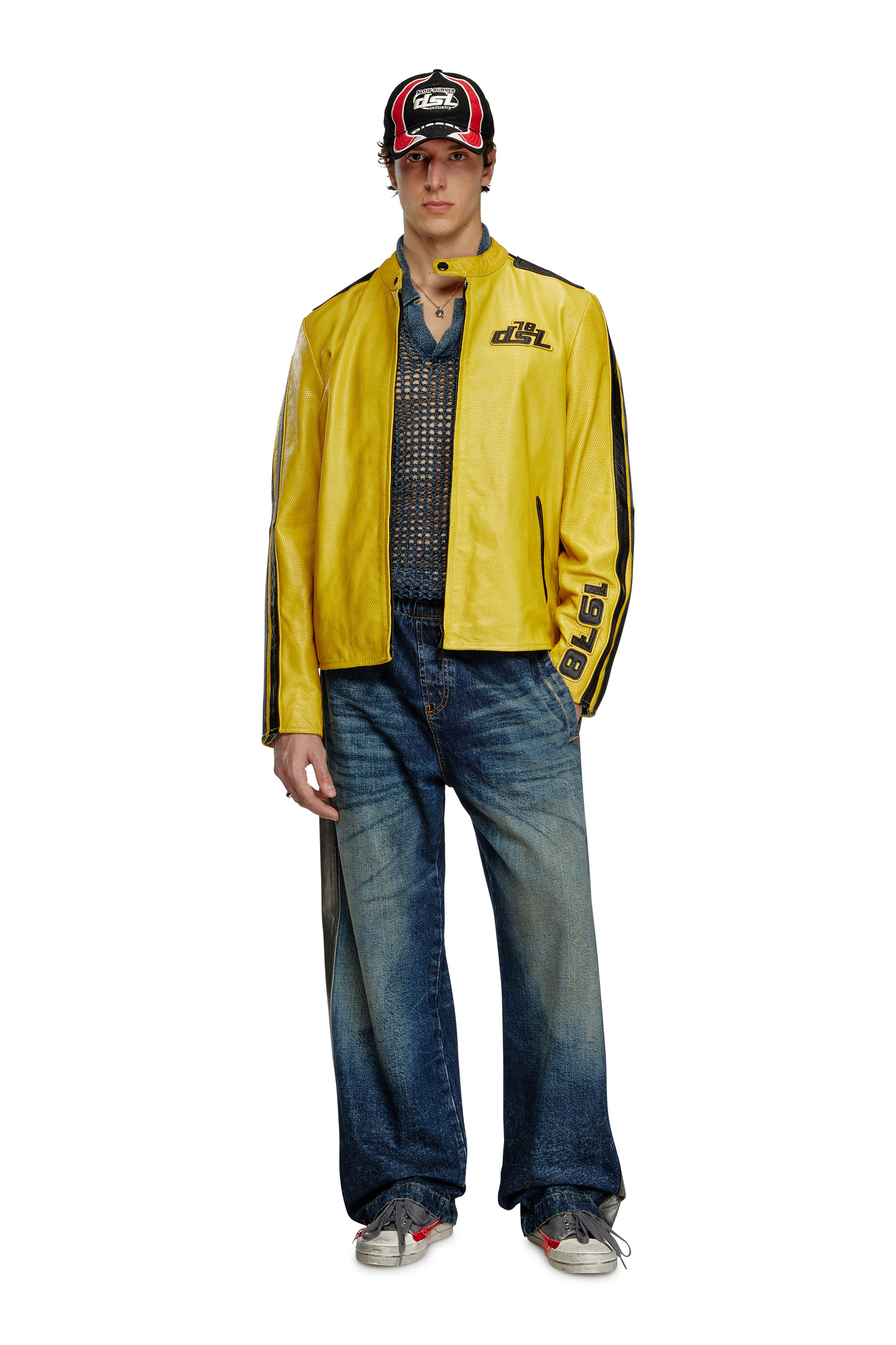 Diesel - L-POP, Unisex's Biker jacket in perforated leather in Yellow - 1
