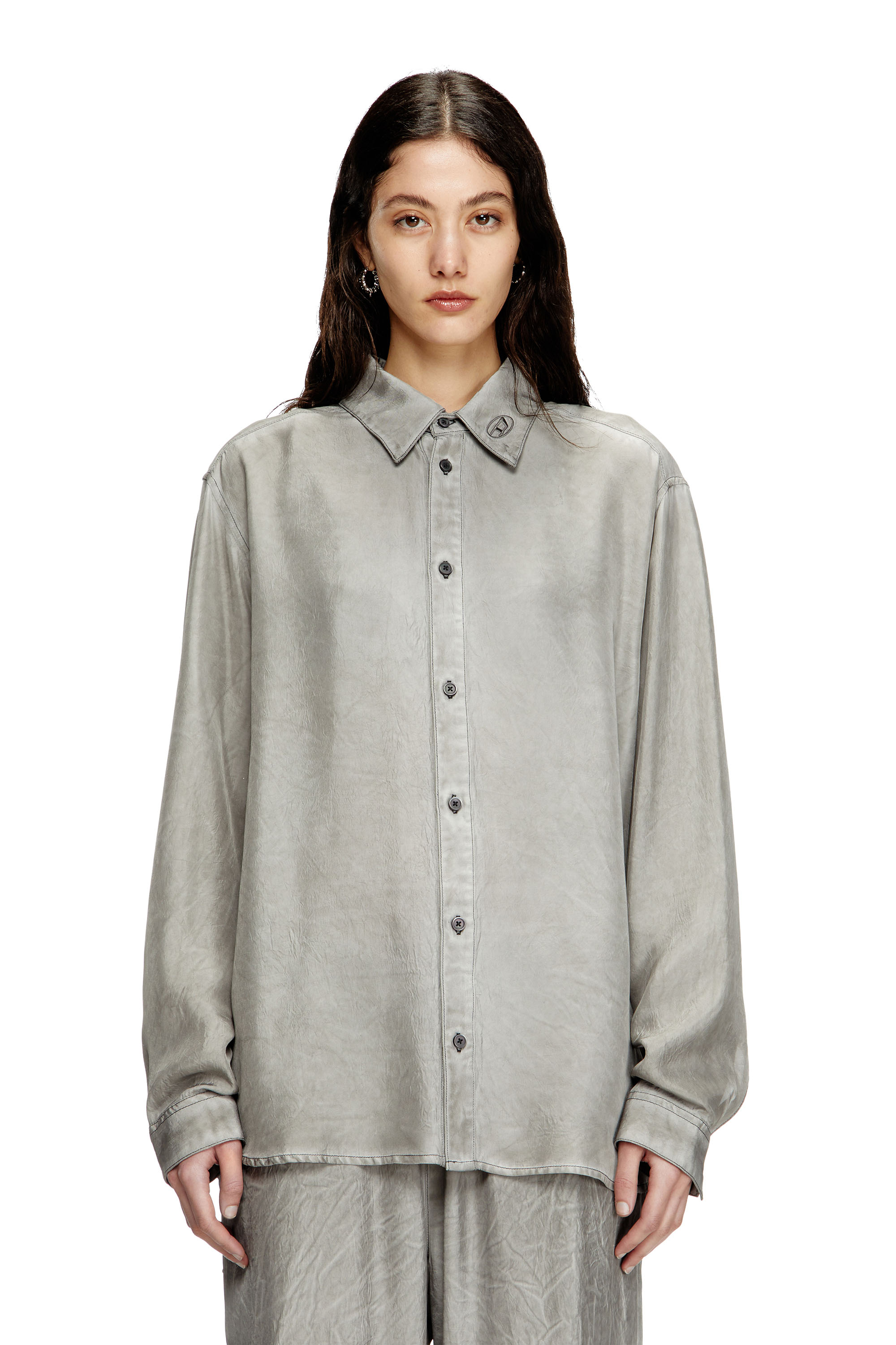 Diesel - S-LEON, Unisex's Fluid crinkled shirt with logo collar in Grey - 1