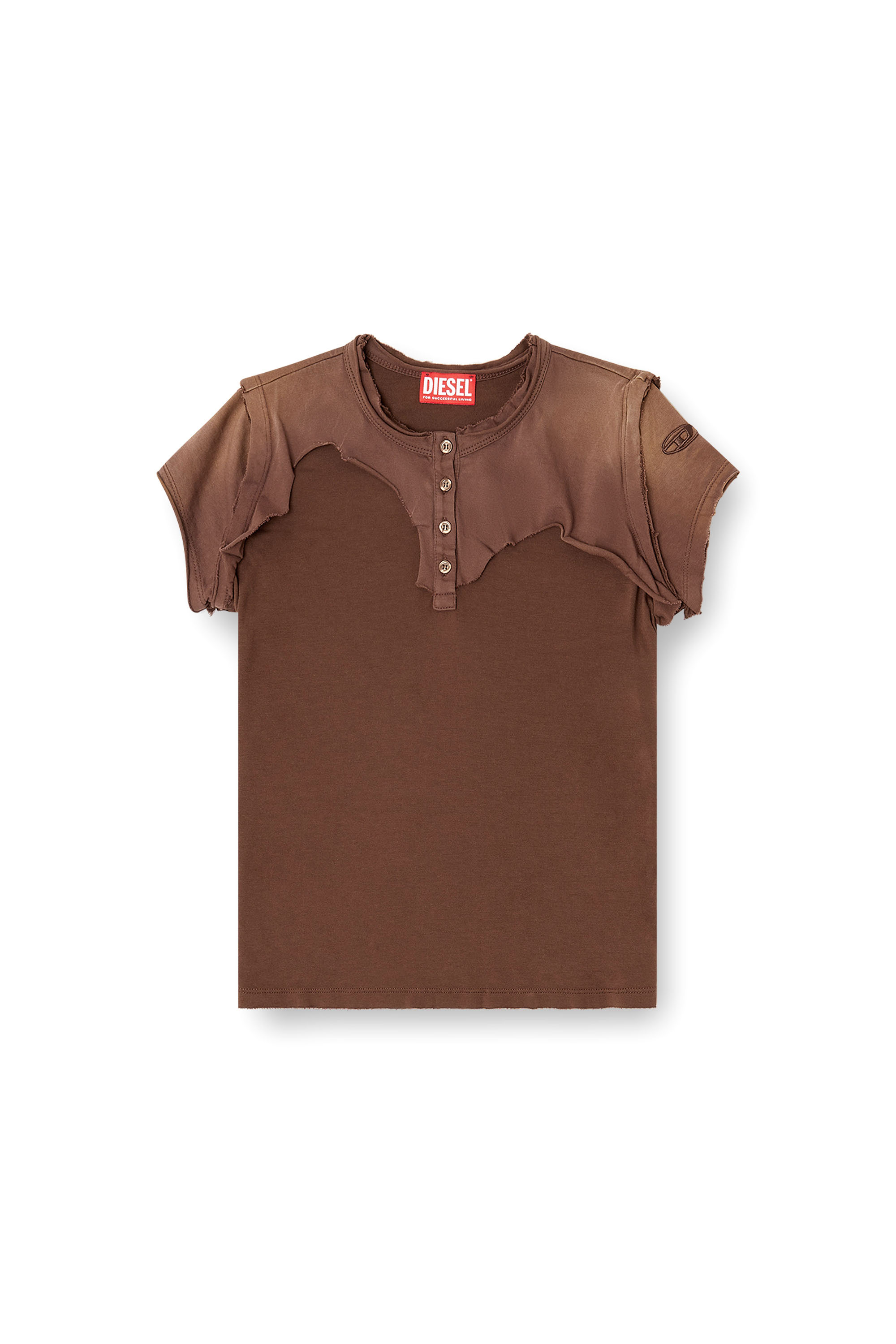 Diesel - T-UNRAWY, Woman's Henley T-shirt with peel-off effect in Brown - 3