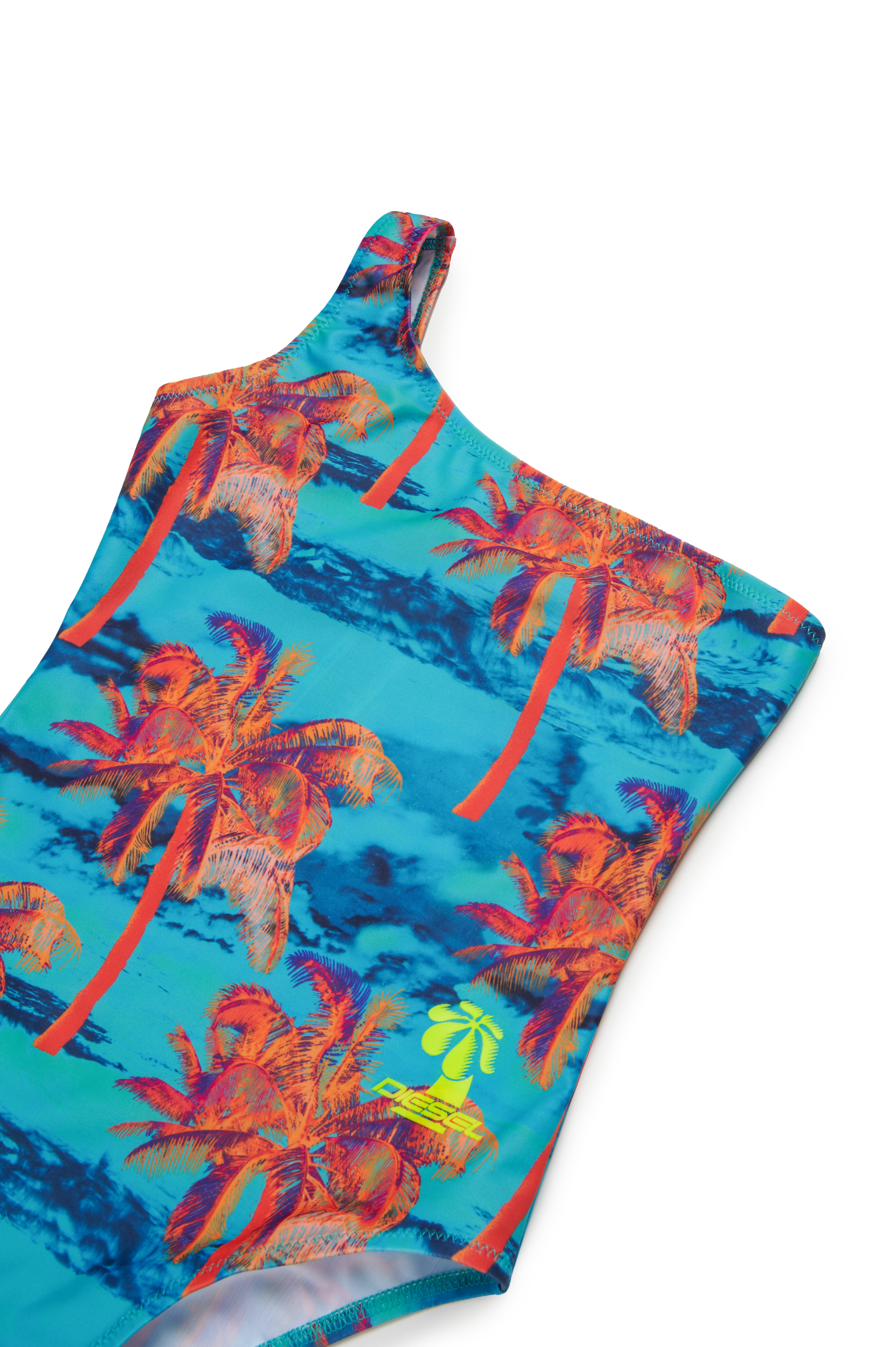 Diesel - MIARIS, Woman's One-shoulder swimsuit with palm trees in Multicolor/Blue - 3