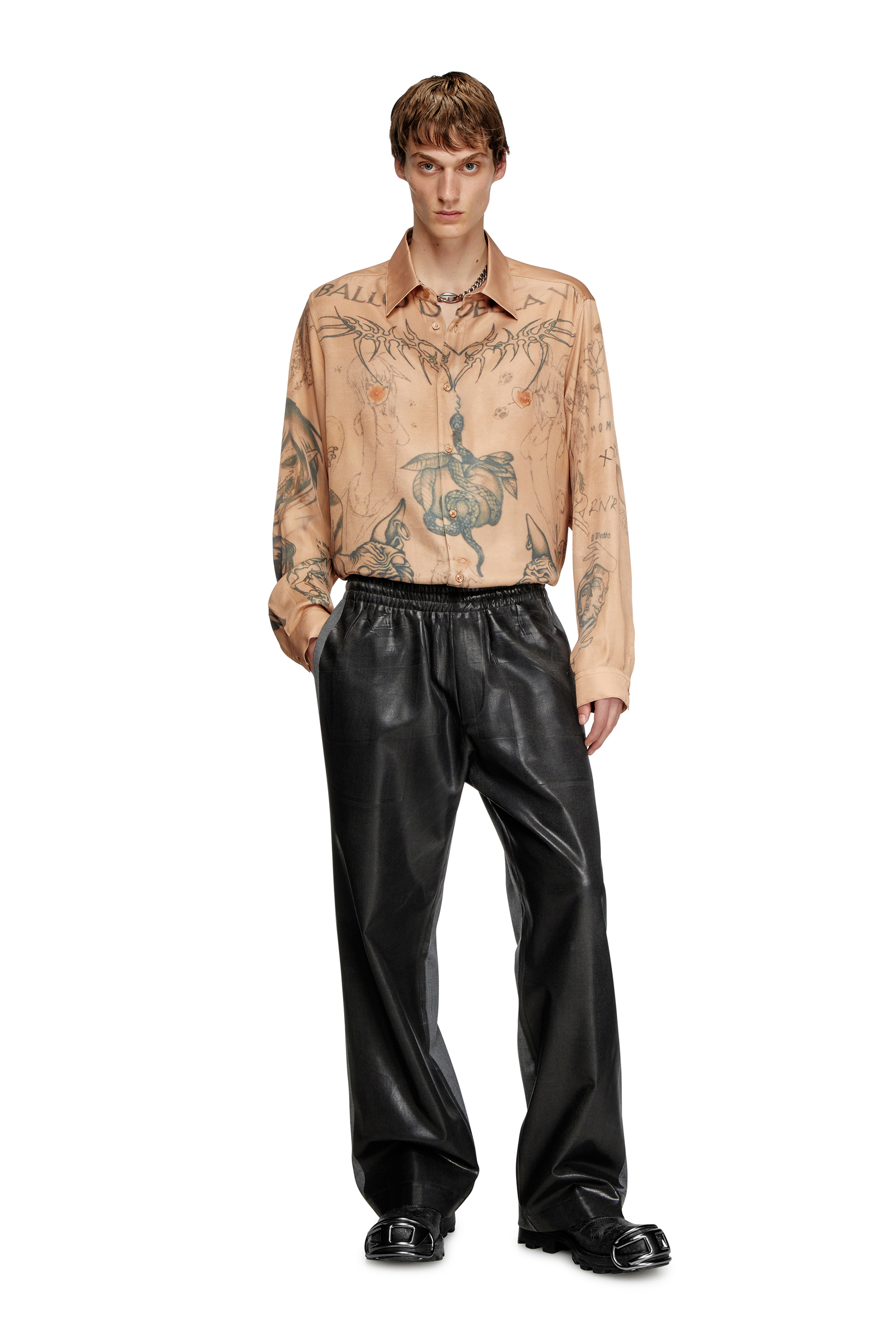 Diesel - S-SIMPLY-TTO-DD, Unisex's Fluid satin shirt with tattoo print in Beige - 6