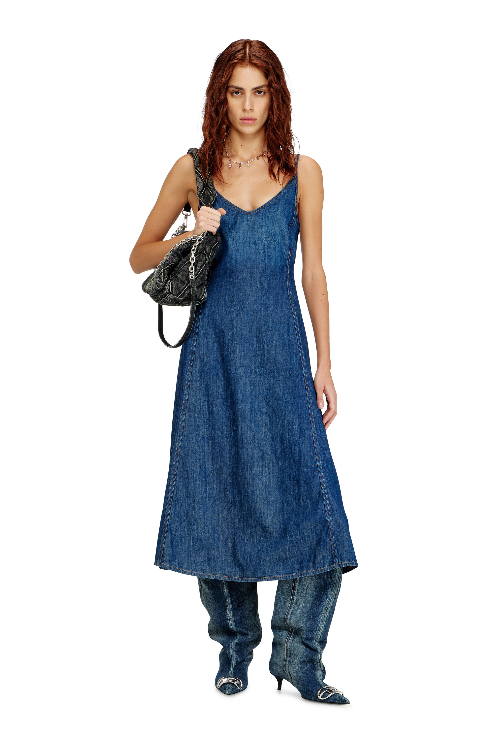 Diesel - DE-BELD-D, Woman's Midi dress in clean-wash denim in Medium blue - 2