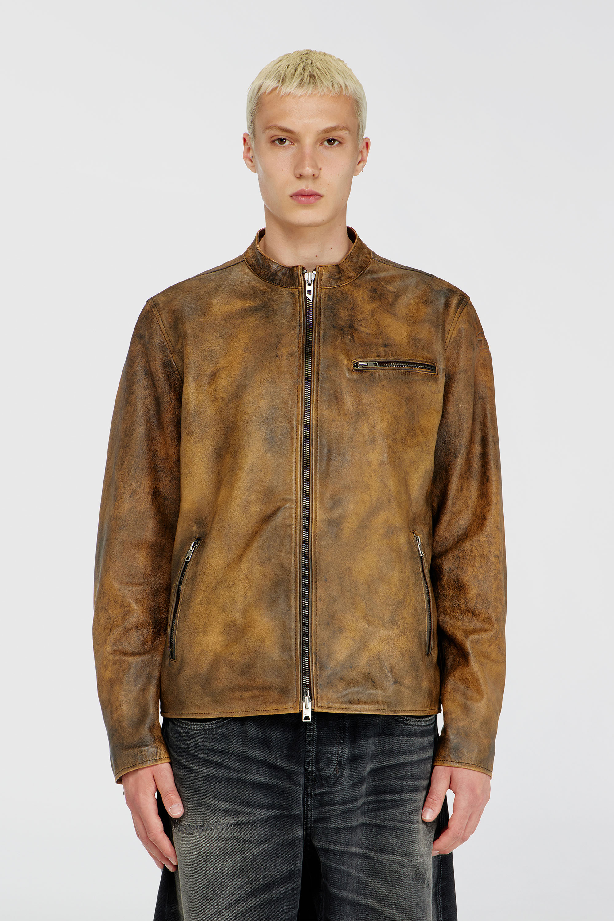Diesel - L-ZAD-KNCZ, Man's Biker jacket in treated leather in Light Brown - 3