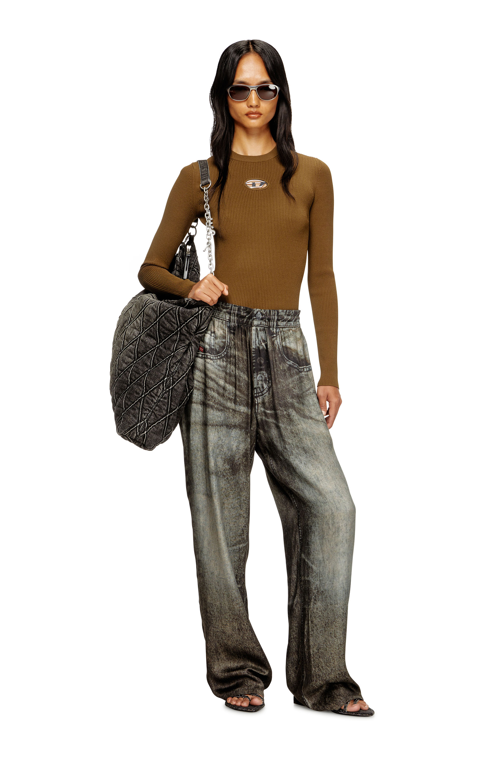 Diesel - M-VALARI, Woman's Rib-knit viscose-blend top with Oval D in Brown - 1