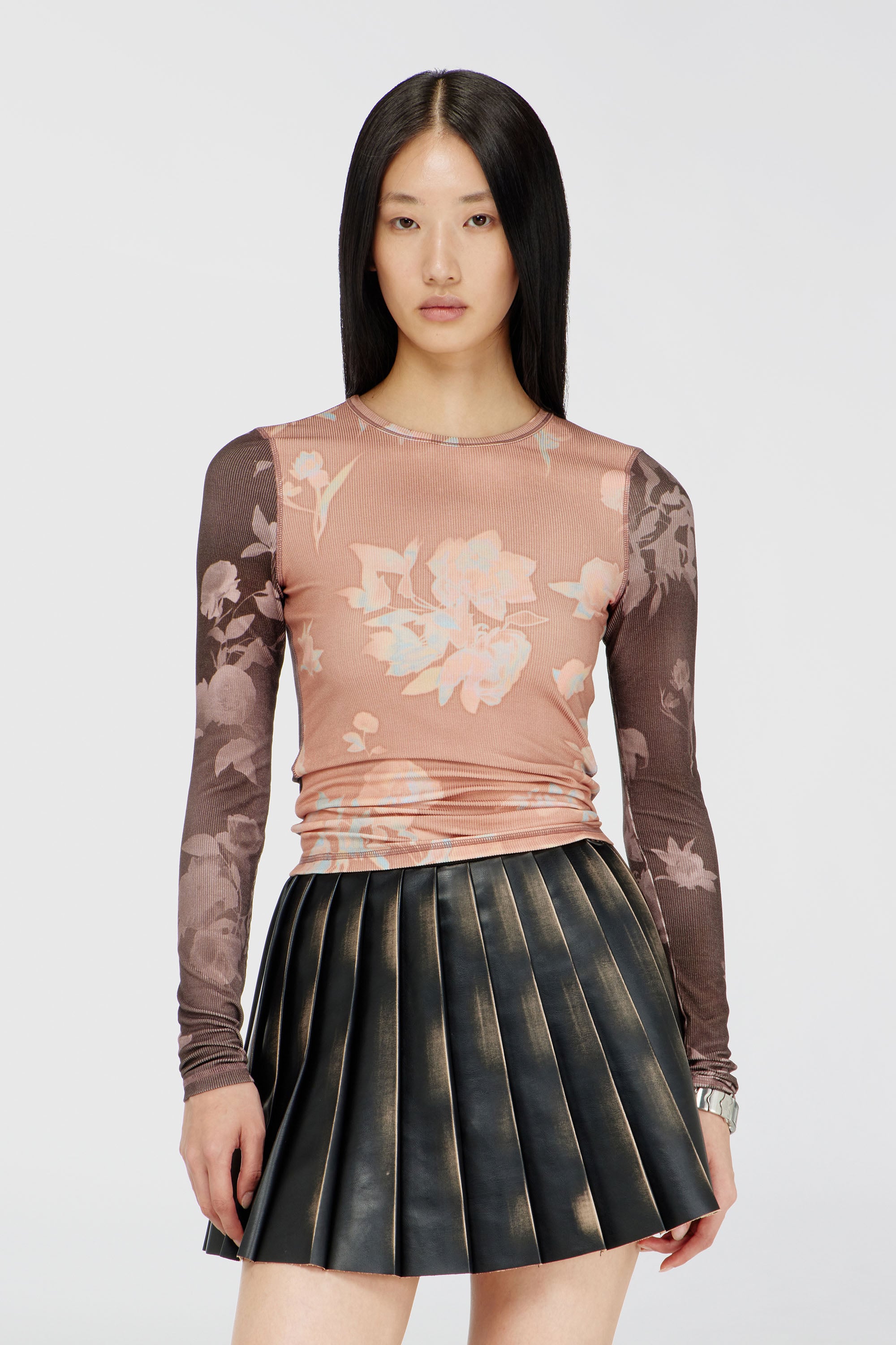 Diesel - T-MOKY-LS, Woman's Top in floral-print ribbed jersey in Pink/Brown - 1