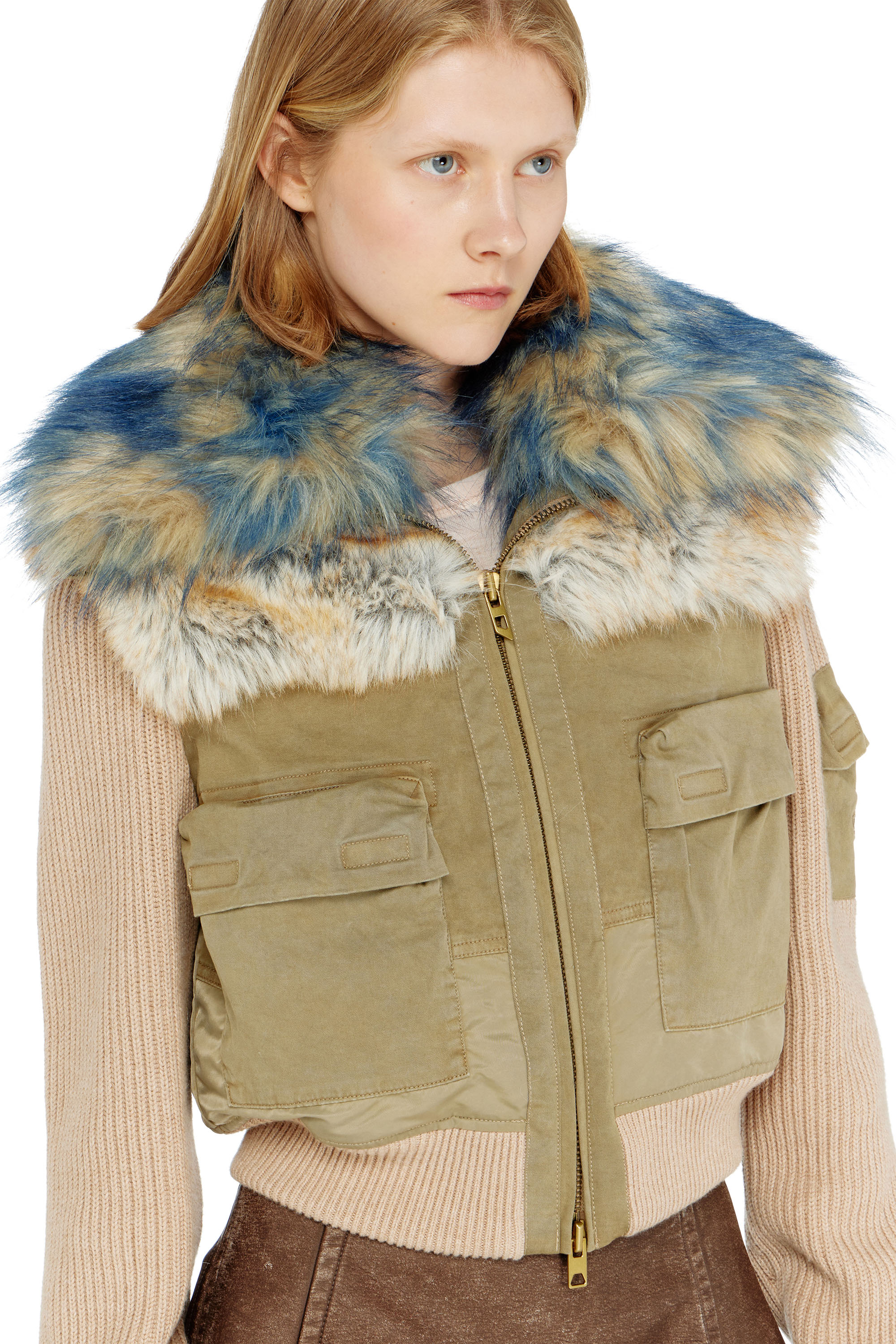 Diesel - G-USTAV, Woman's Bomber jacket with rib-knit and plush trims in Beige - 5