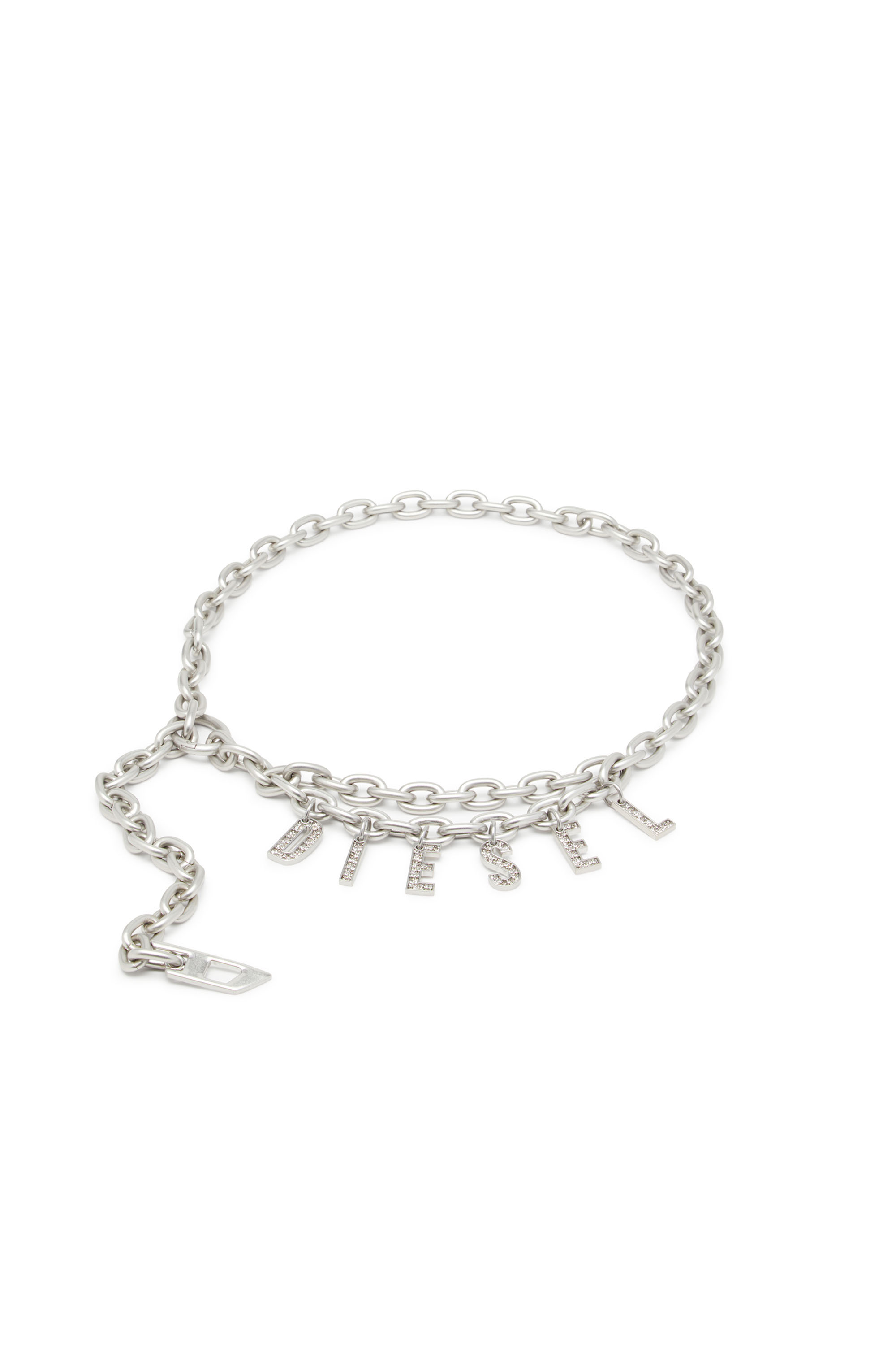 Diesel - B-CHARM CHAIN, Woman's 1cm chain belt with crystal logo charm in Silver - 1
