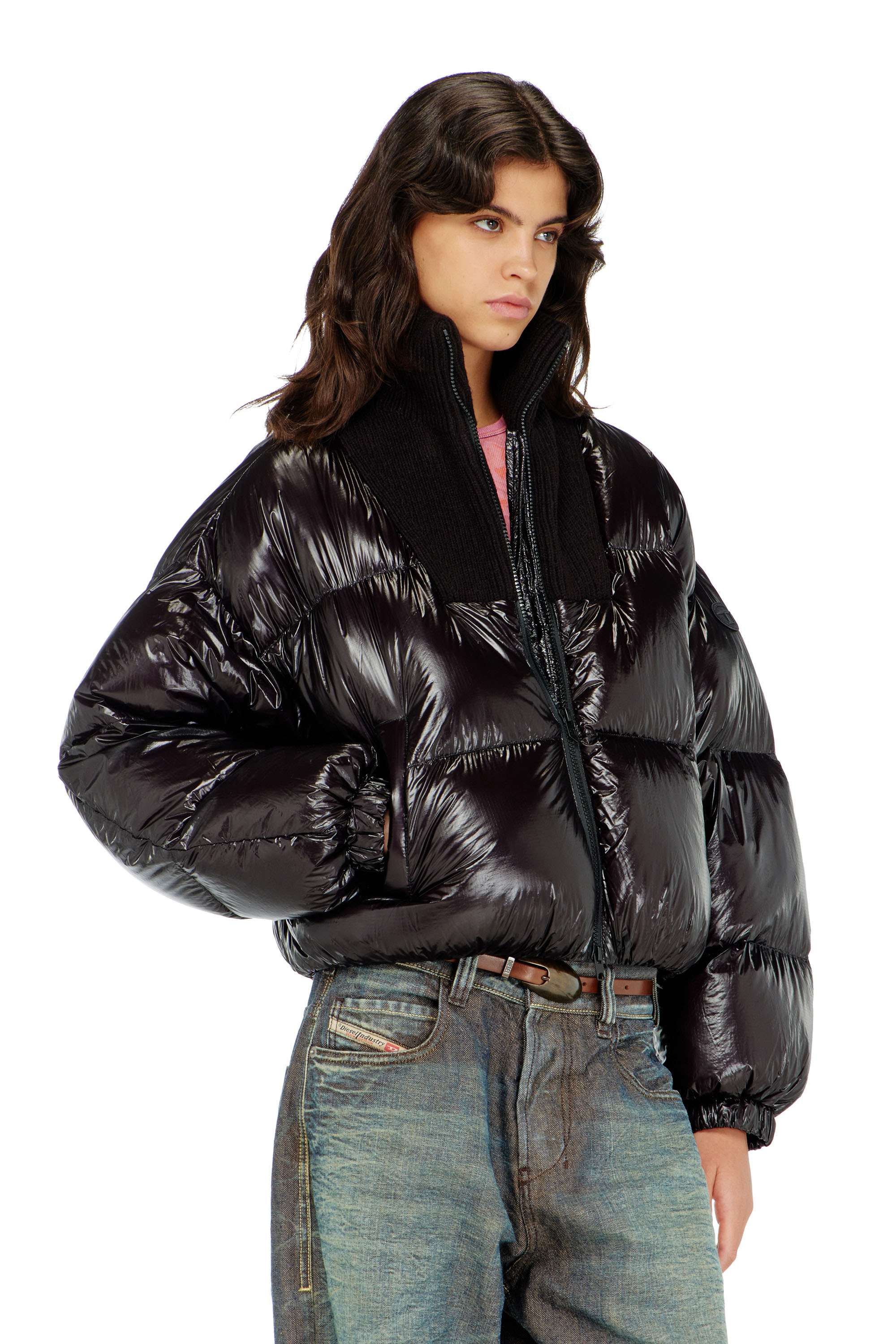 Diesel - W-ARRIOR, Woman's Down puffer jacket in ripstop with knitted collar in Black - 3