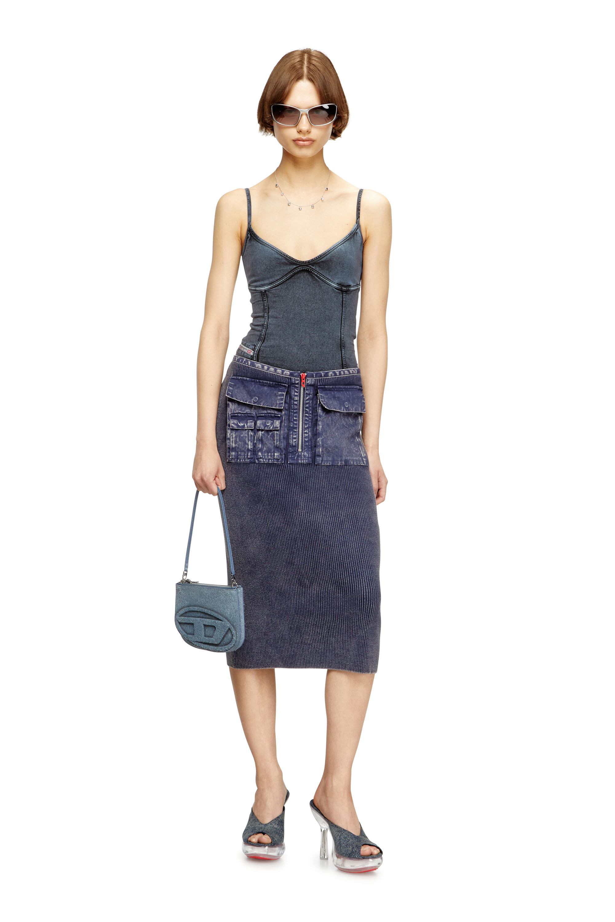 Diesel - M-MERYN, Woman's Knit midi skirt with denim cargo pockets in Blue - 1