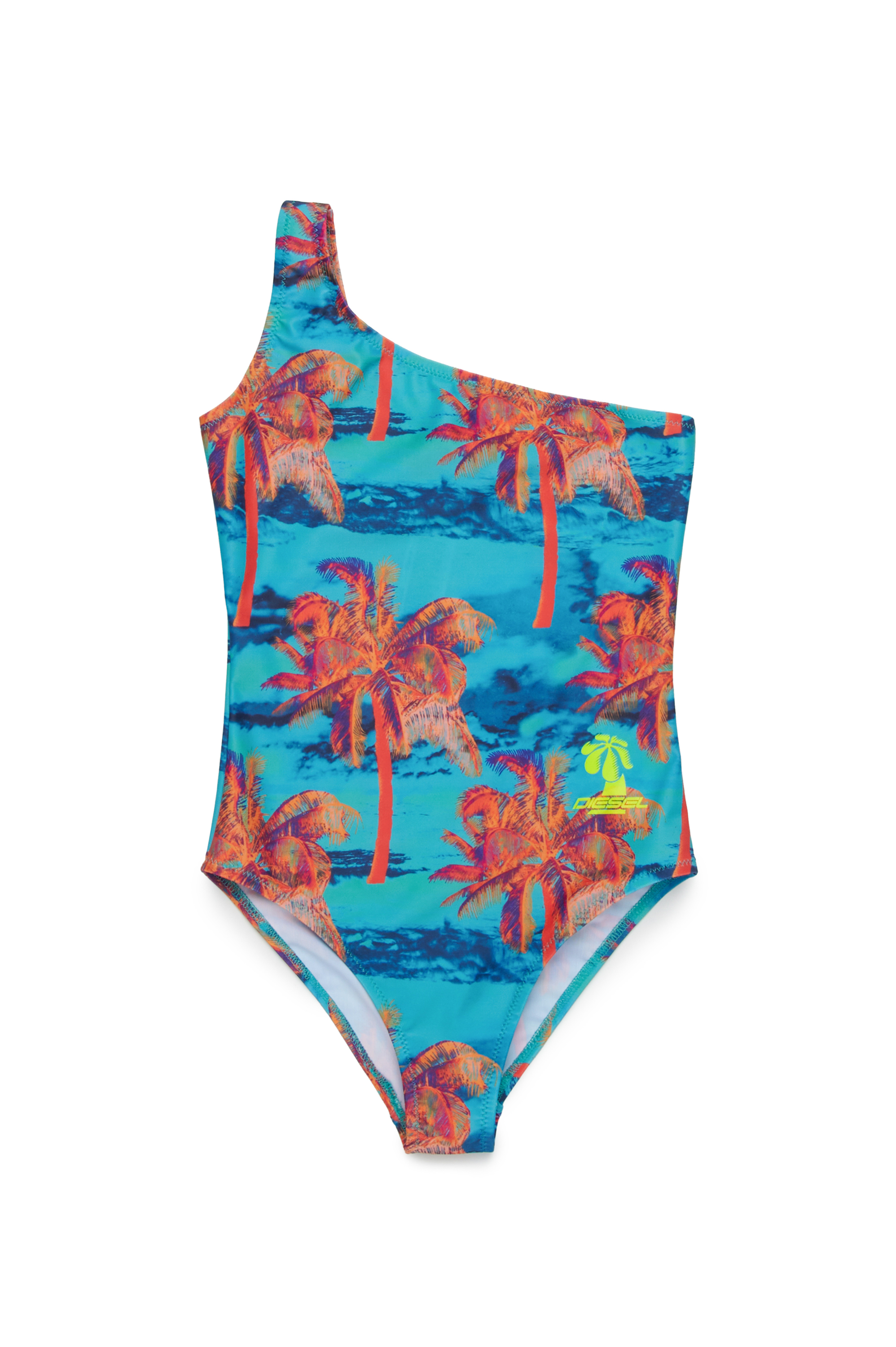 Diesel - MIARIS, Woman's One-shoulder swimsuit with palm trees in Multicolor/Blue - 1