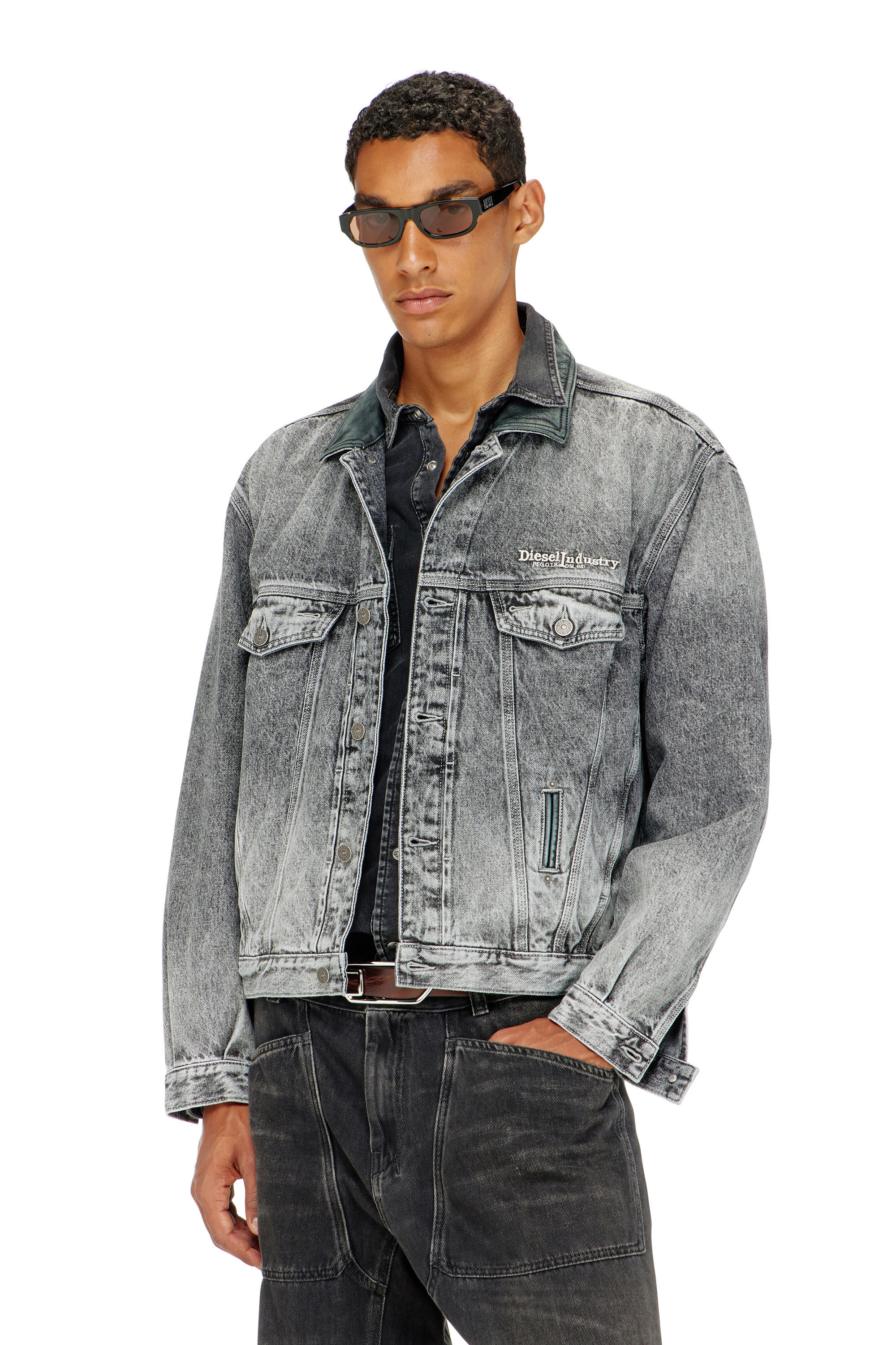 Diesel - D-DENVER-S, Unisex's Denim trucker jacket with tonal leather trims in Grey - 1