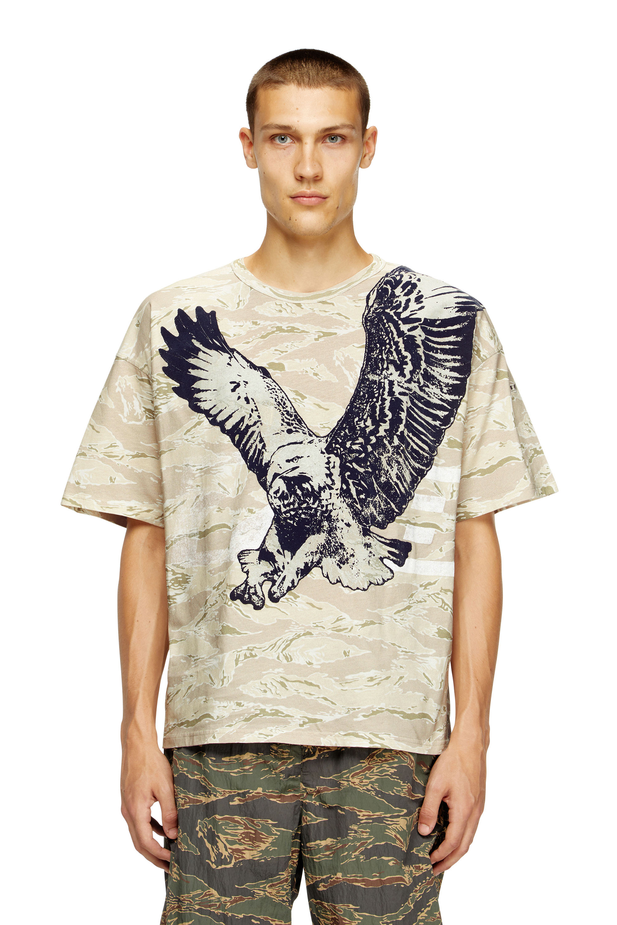 Diesel - T-BOXT-T14, Man's Camo T-shirt with eagle print in Light Brown - 1