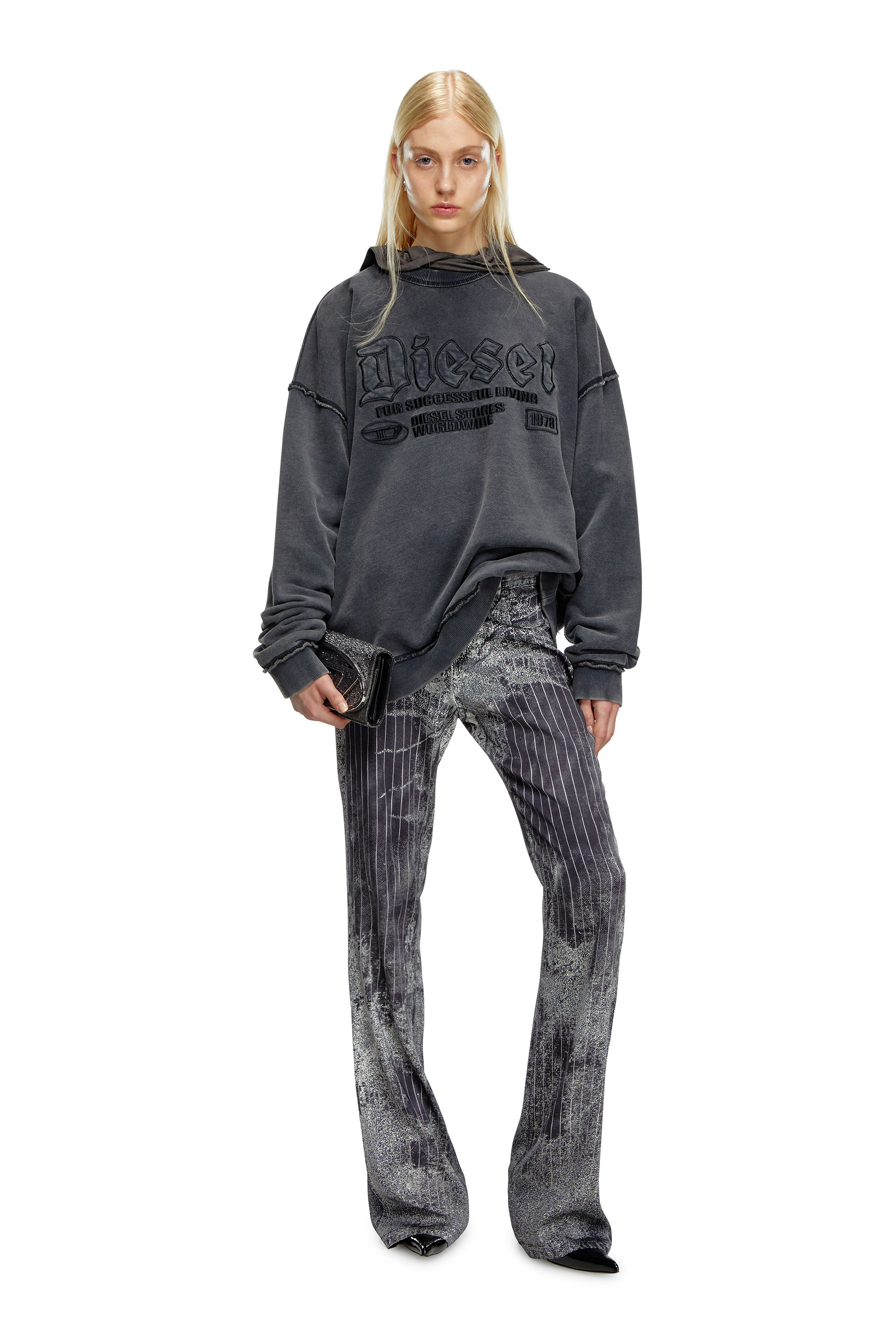 Diesel - P-RETTY, Woman's Bootcut satin pants with pinstripe print in Black - 1