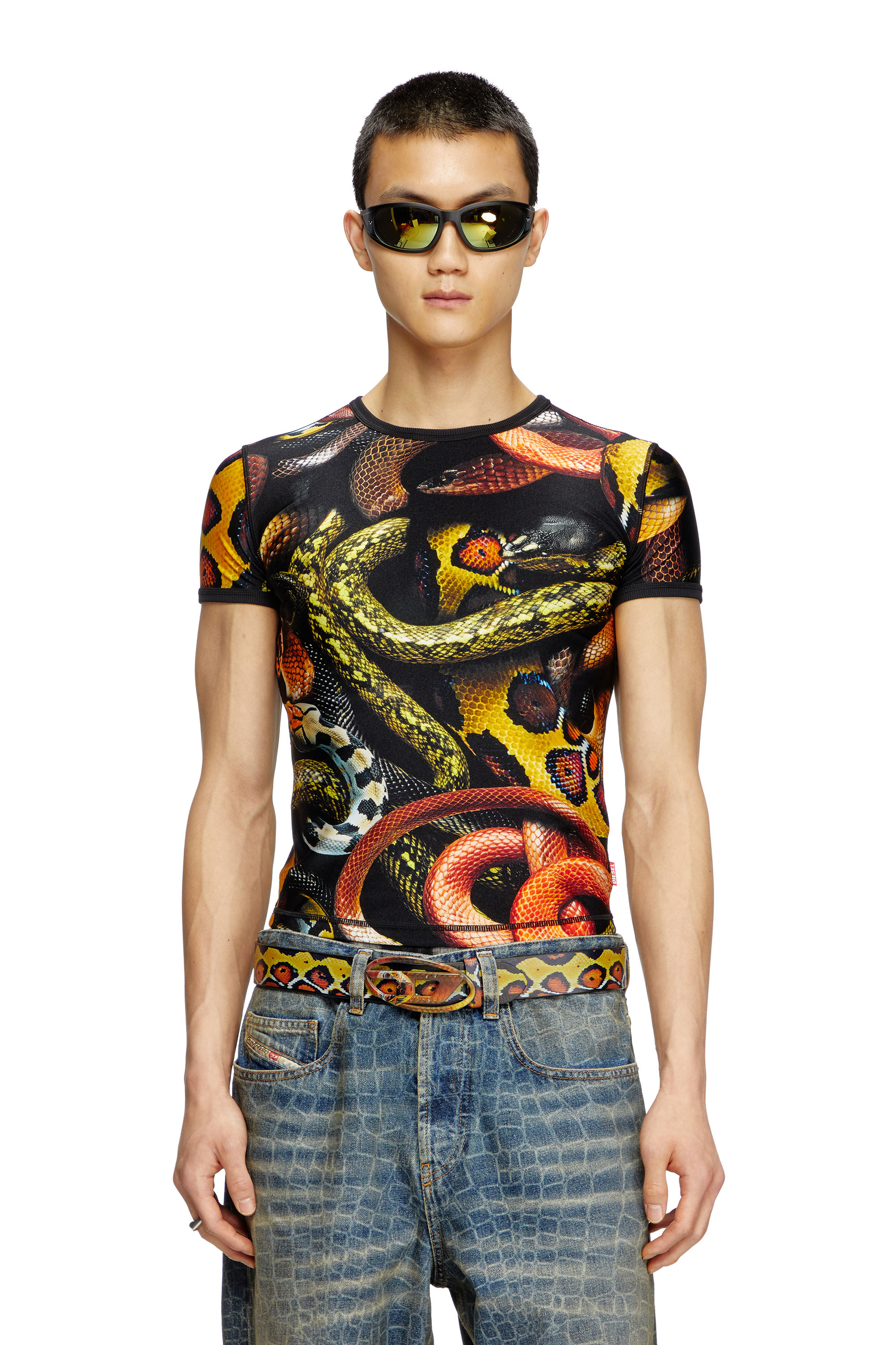 Diesel - CL-T-UNCLE-SNAKE, Unisex's Lycra T-shirt with all-over snake print in Black/Yellow - 1