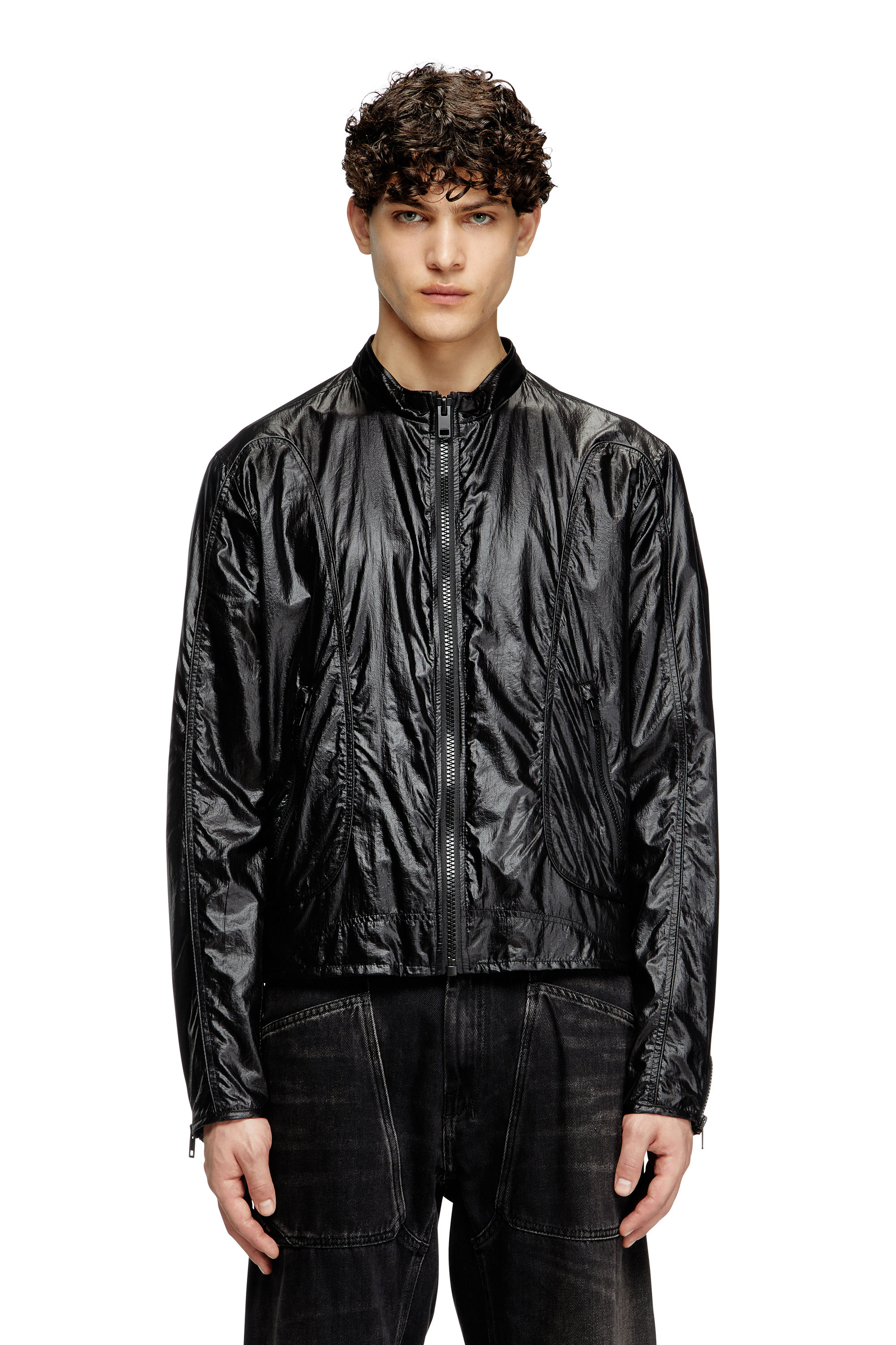 Diesel - J-CLAYS, Man's Biker jacket in shiny ripstop in Black - 3
