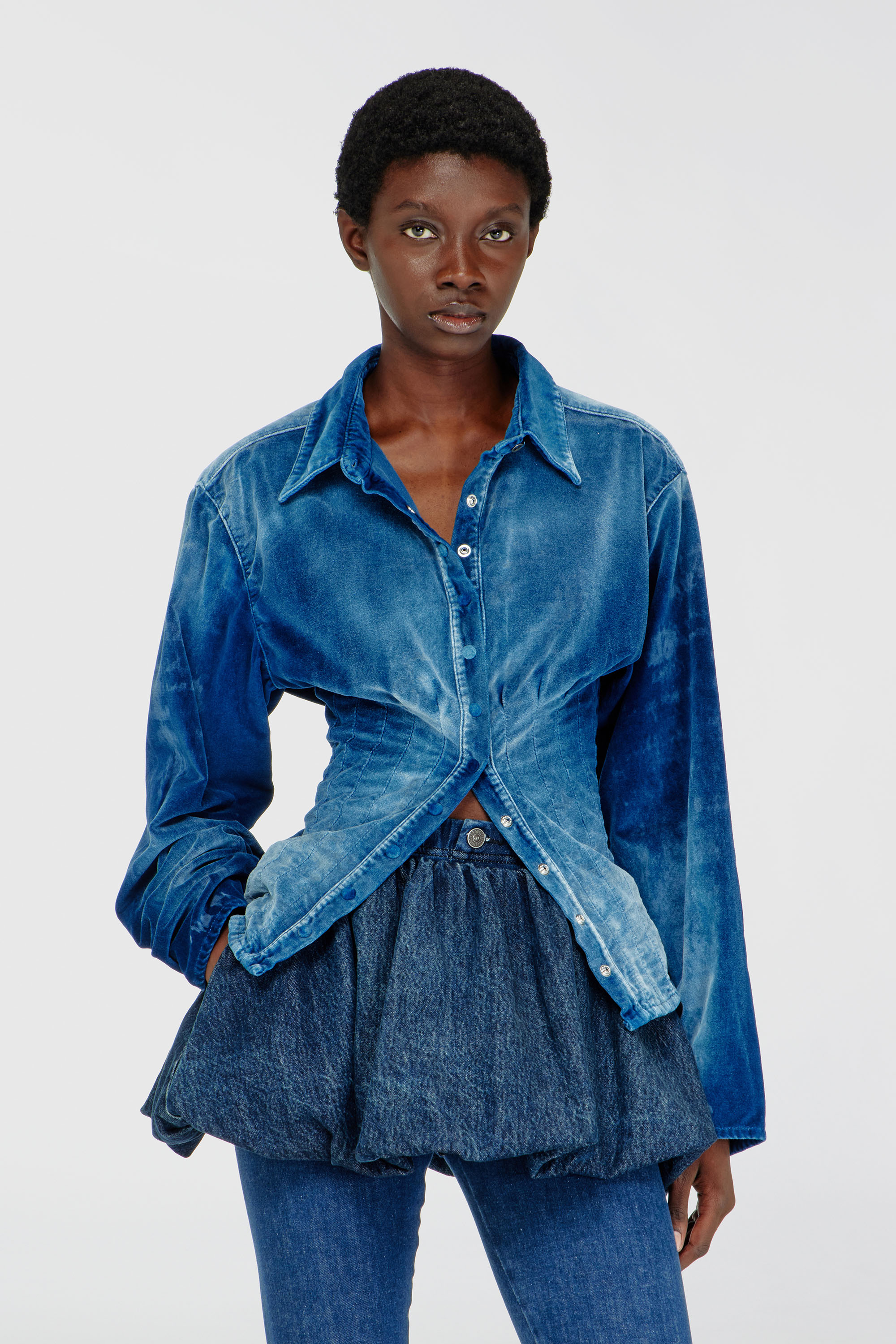Diesel - DE-SINDI-FSJ, Woman's Shirt in velvet denim in Dark Blue - 1