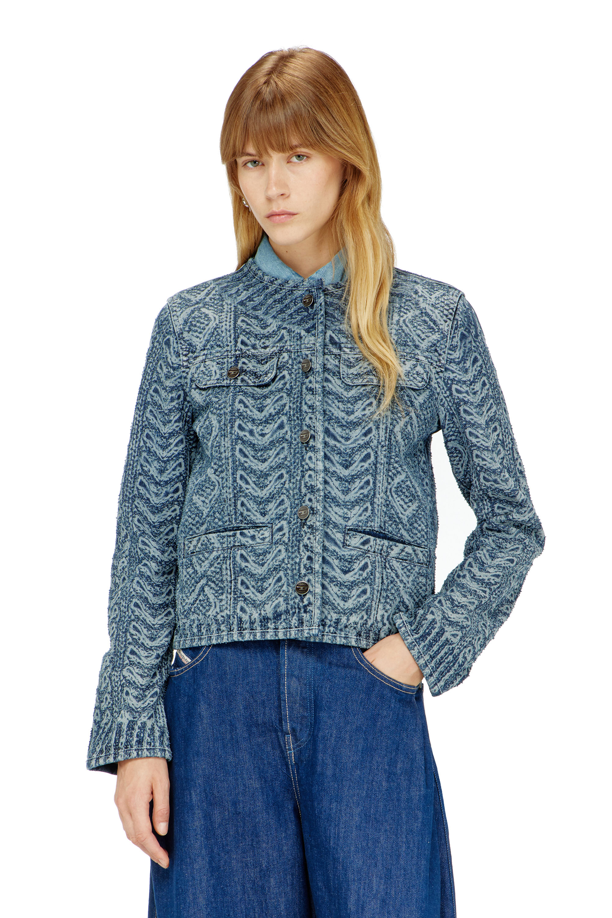 Diesel - DE-GRAFY-S2, Woman's Collarless jacket in cable-knit-effect denim in Dark Blue - 1