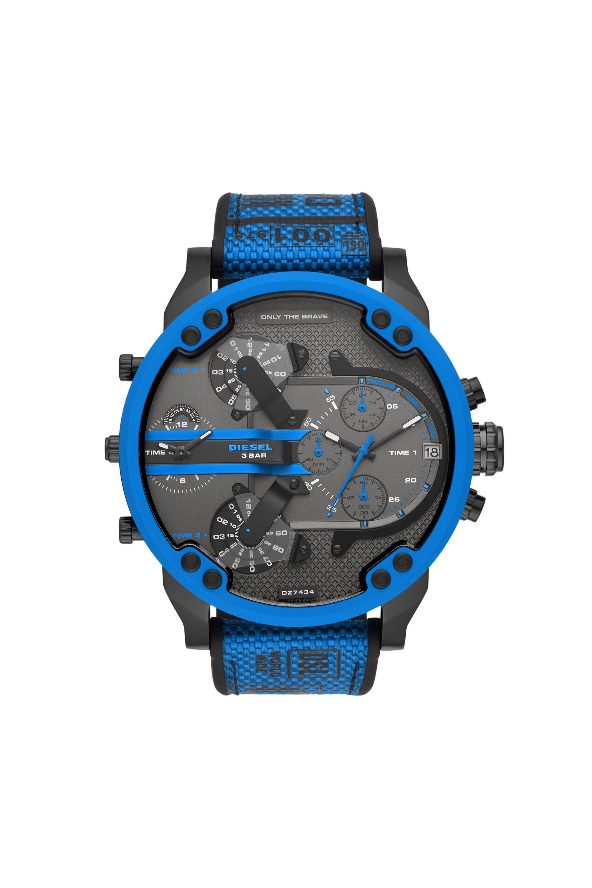 Diesel - DZ7434, Man's Mr. Daddy 2.0 chronograph blue nylon and silicone watch in Blue/Black - 1