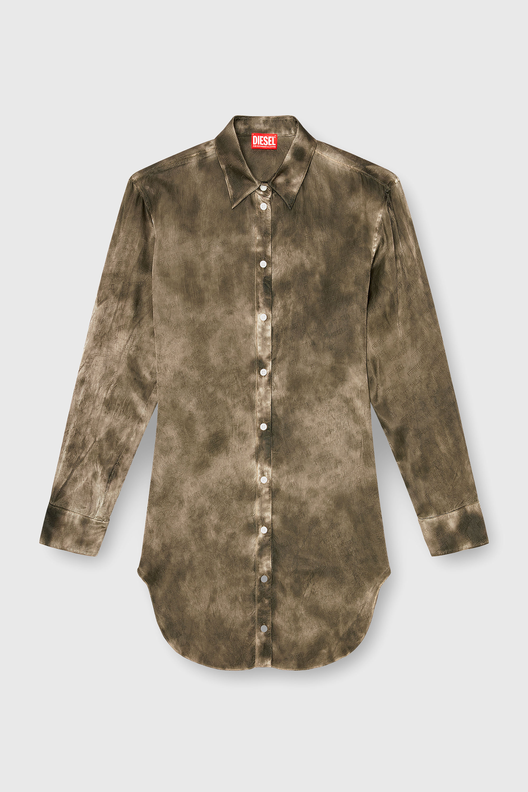 Diesel - C-LAVEL, Woman's Long shirt in logo-jacquard crinkled satin in Military Green - 2